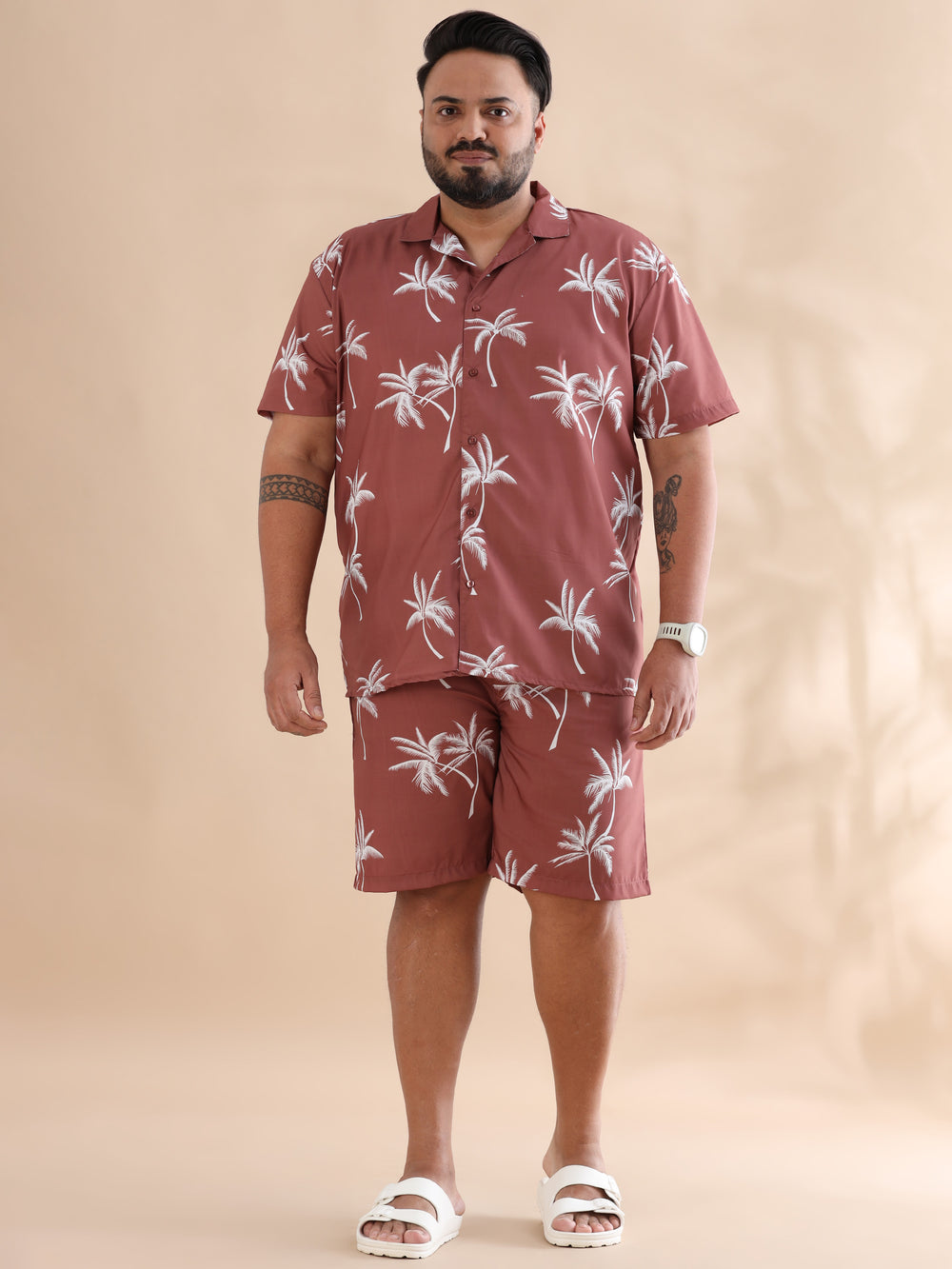 Palm Tree Pecan Brown Plus Size Co-Ords Plus Size Co-Ords Bushirt
