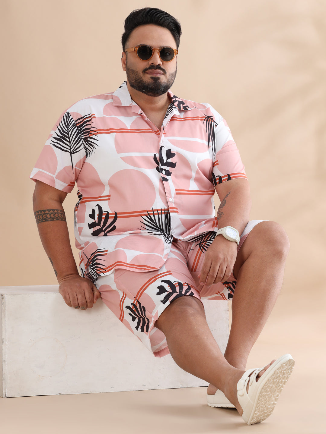 Monster Leaf Peach Plus Size Co-Ords Plus Size Co-Ords Bushirt