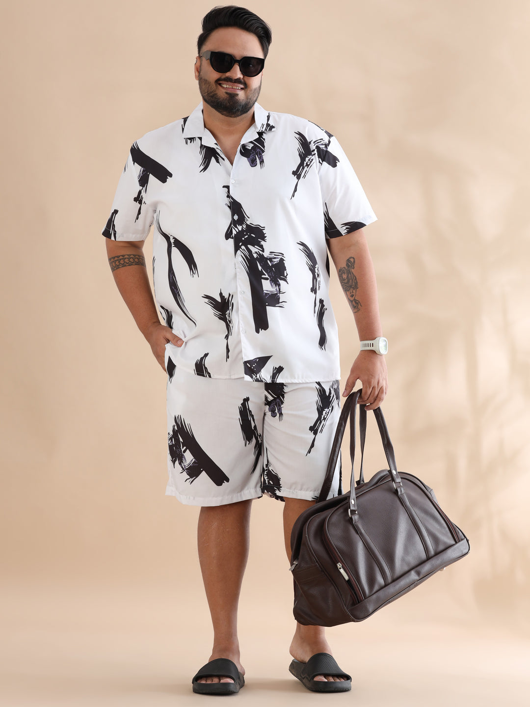White Printed Plus Size Co-Ords Plus Size Co-Ords Bushirt
