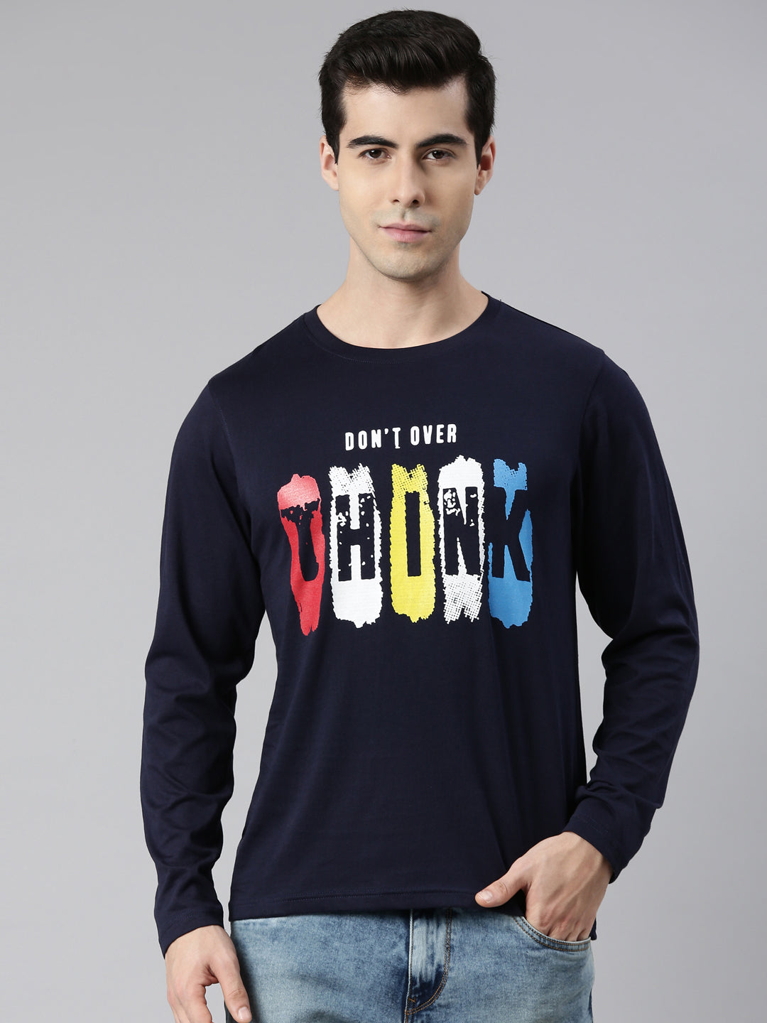 Don't Over Think Navy Blue Full Sleeves T-Shirt Full Sleeves Bushirt
