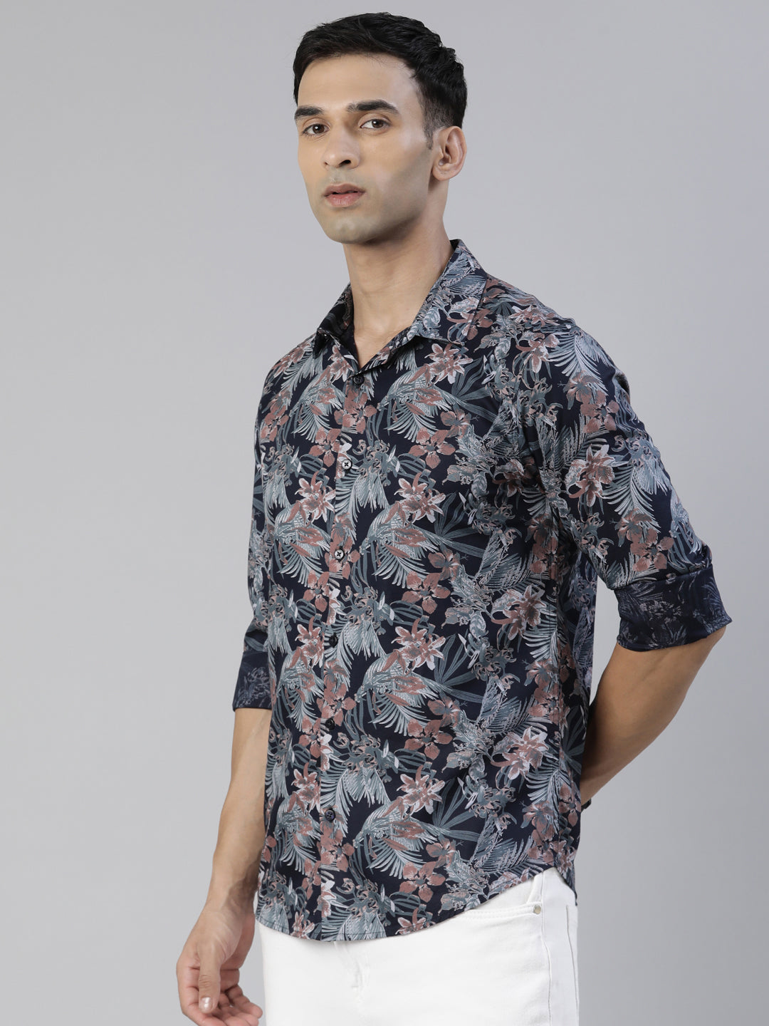 Flax Navy Blue Printed Shirt Printed Shirt Bushirt