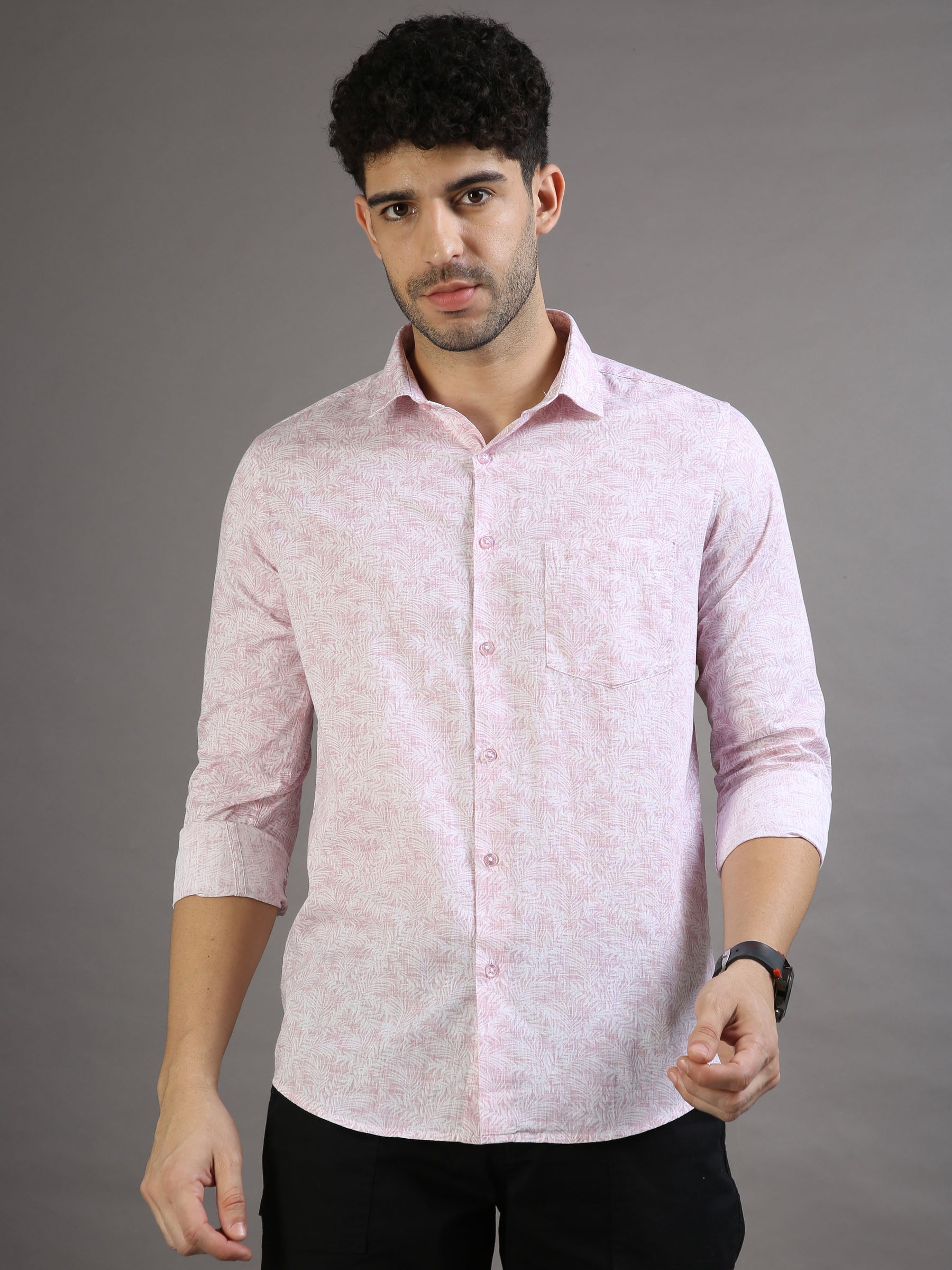 Mini Palm Leaf Pastel Pink Shirt Printed Shirt Bushirt