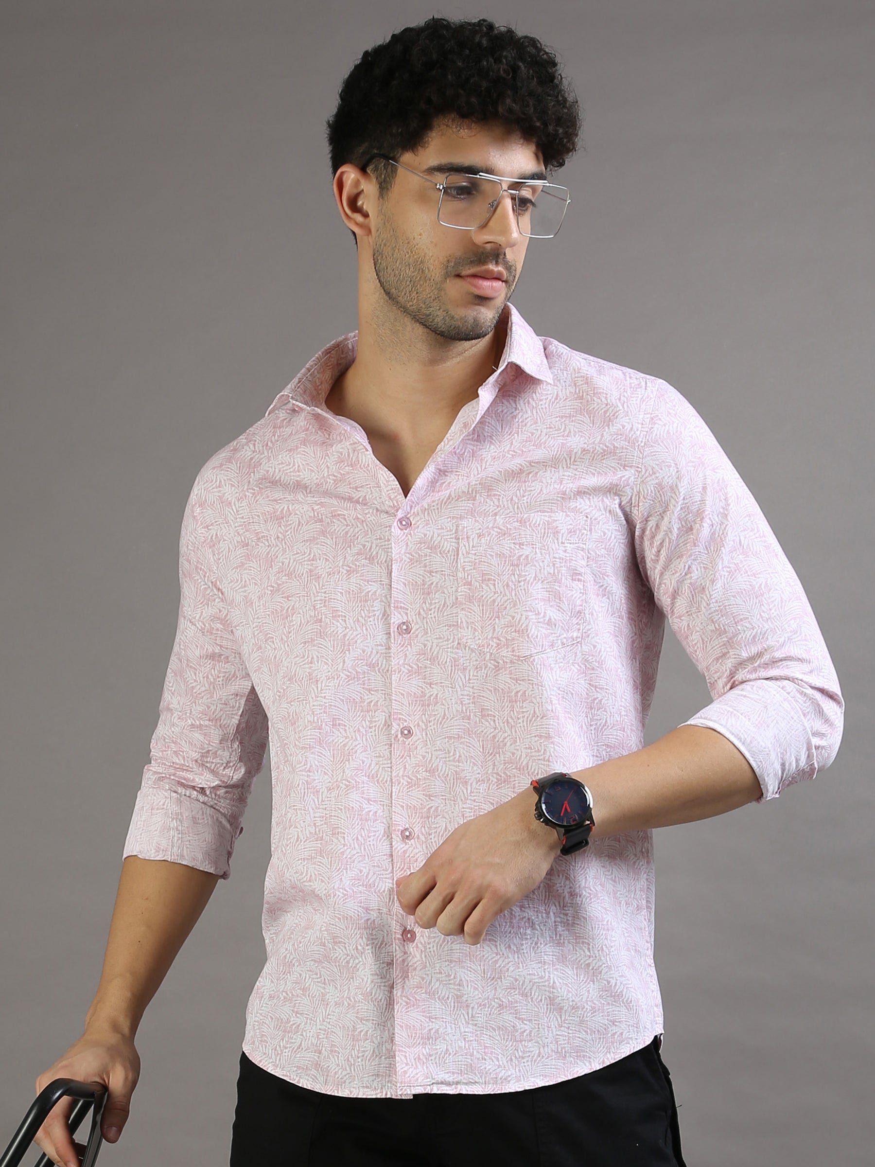 Mini Palm Leaf Pastel Pink Shirt Printed Shirt Bushirt