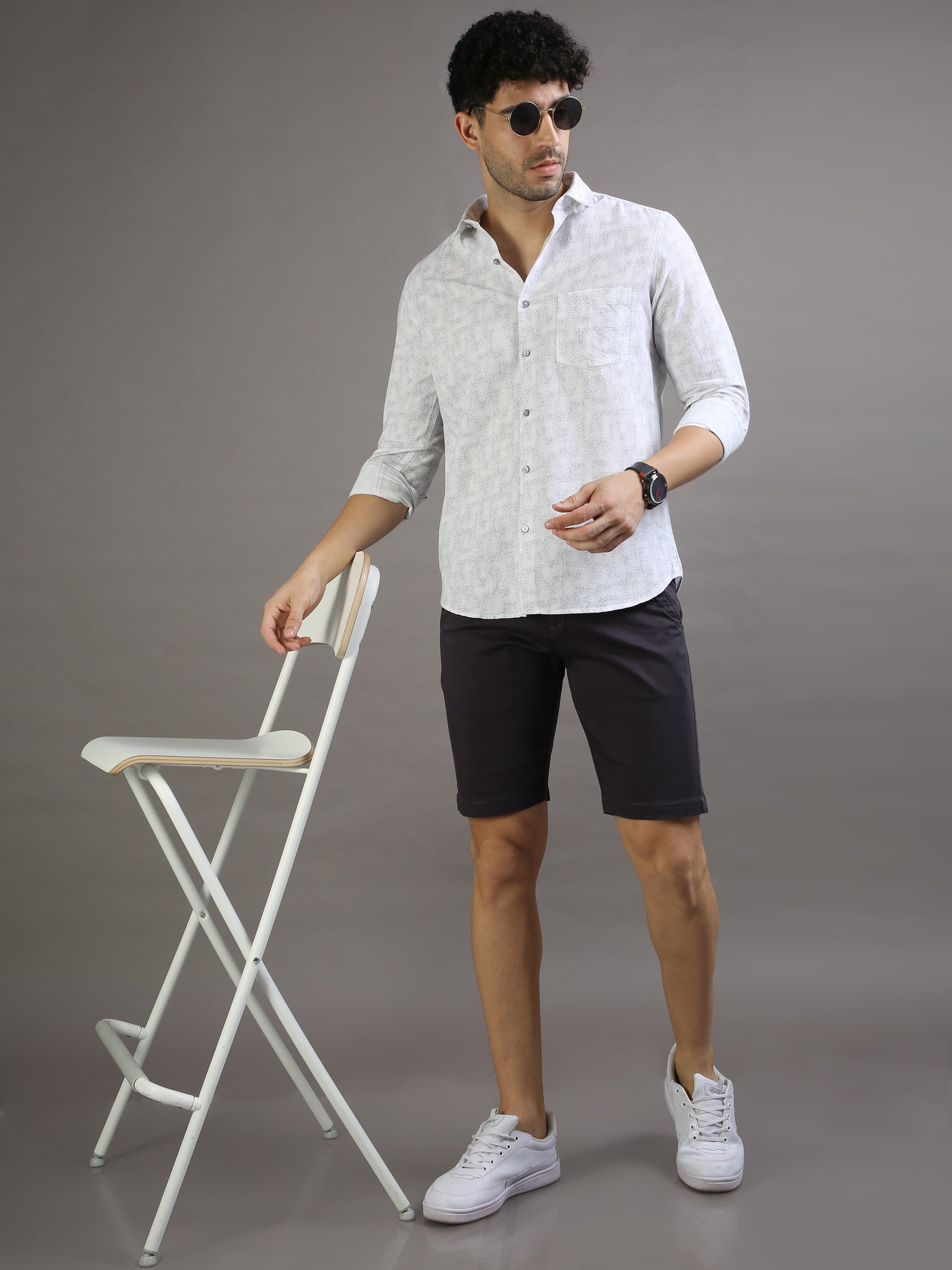 White Grey Printed Shirt Printed Shirt Bushirt