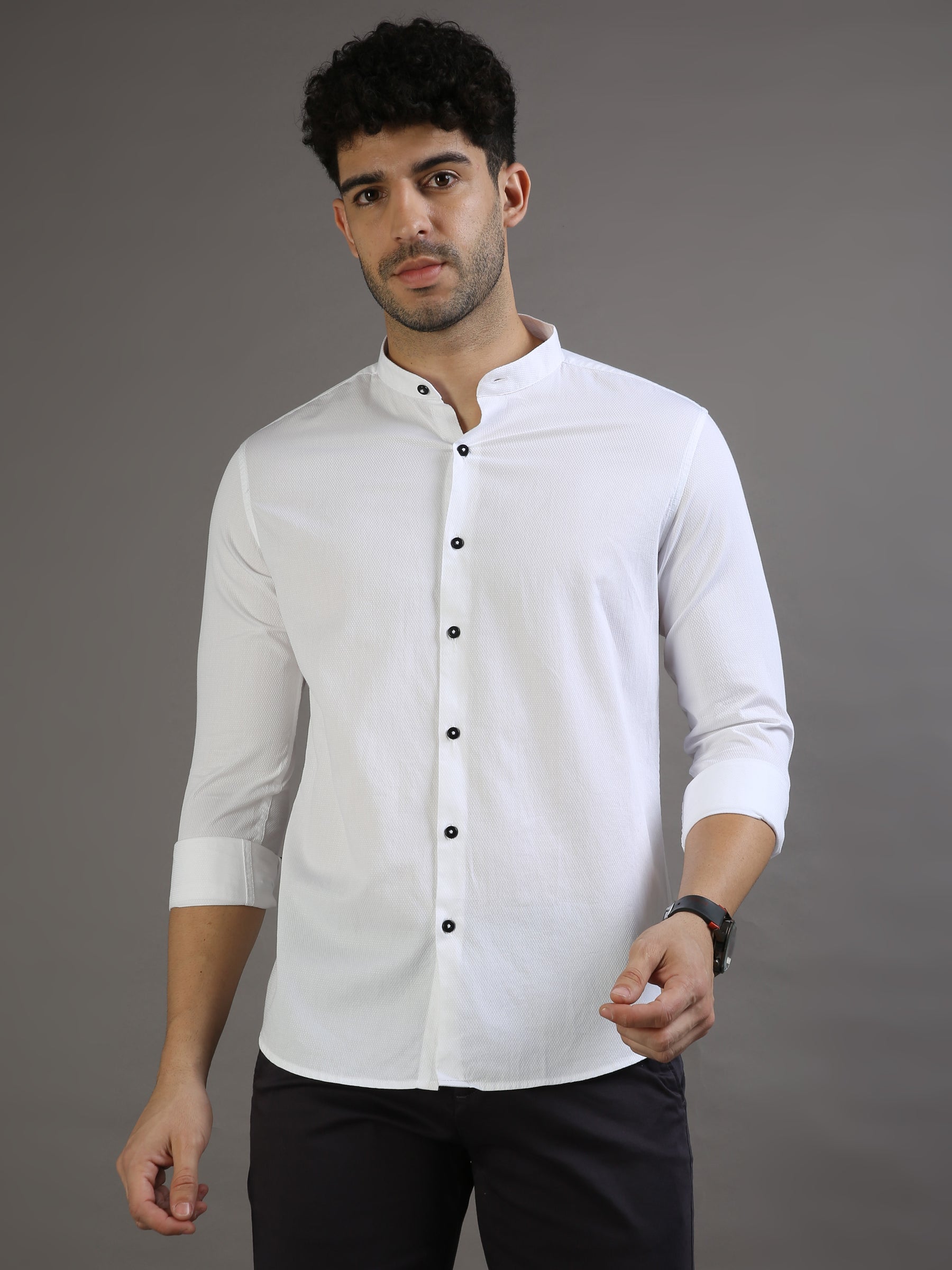 Dobby White Chinese Collar Casual Shirt Solid Shirt Bushirt