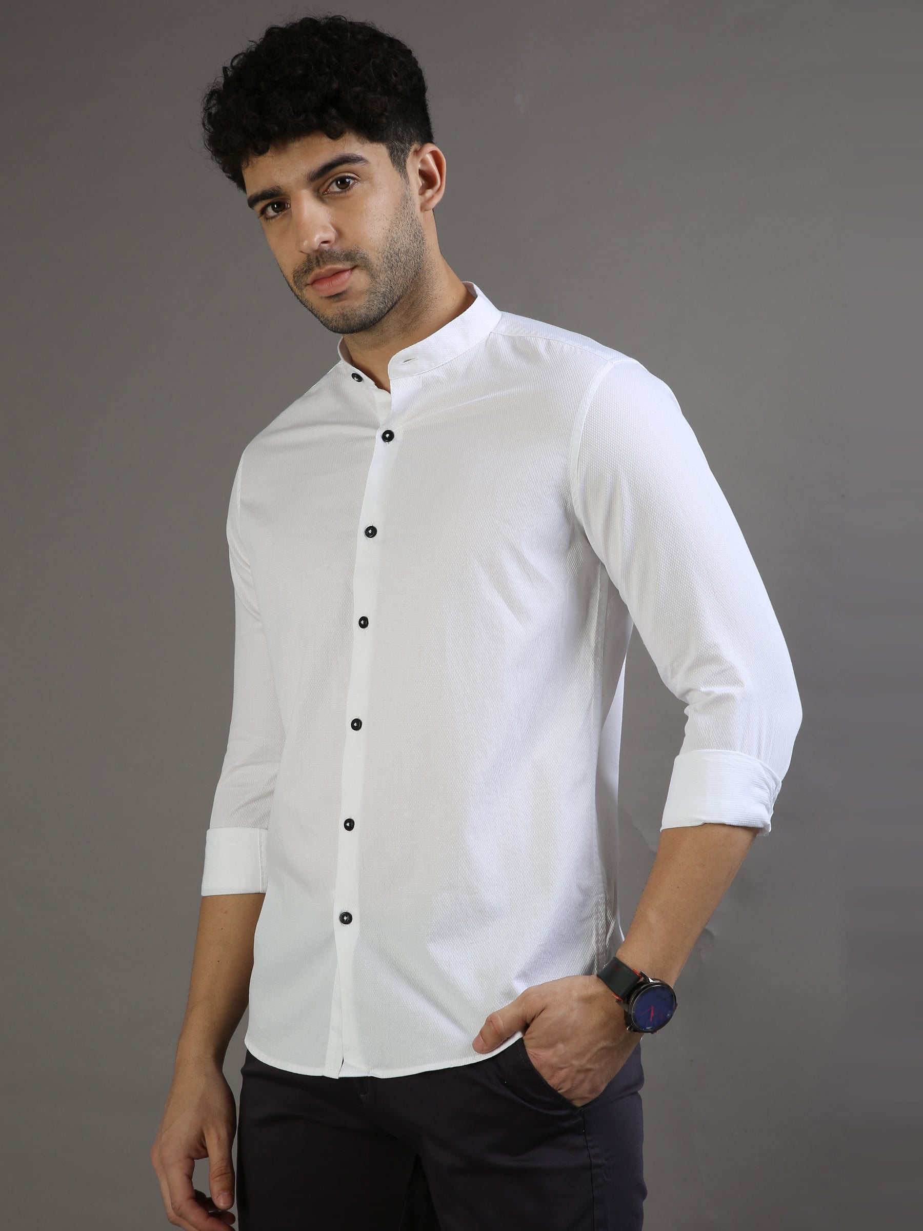 Dobby White Chinese Collar Casual Shirt Solid Shirt Bushirt