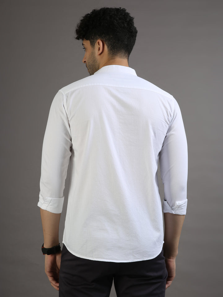 Dobby White Chinese Collar Casual Shirt Solid Shirt Bushirt