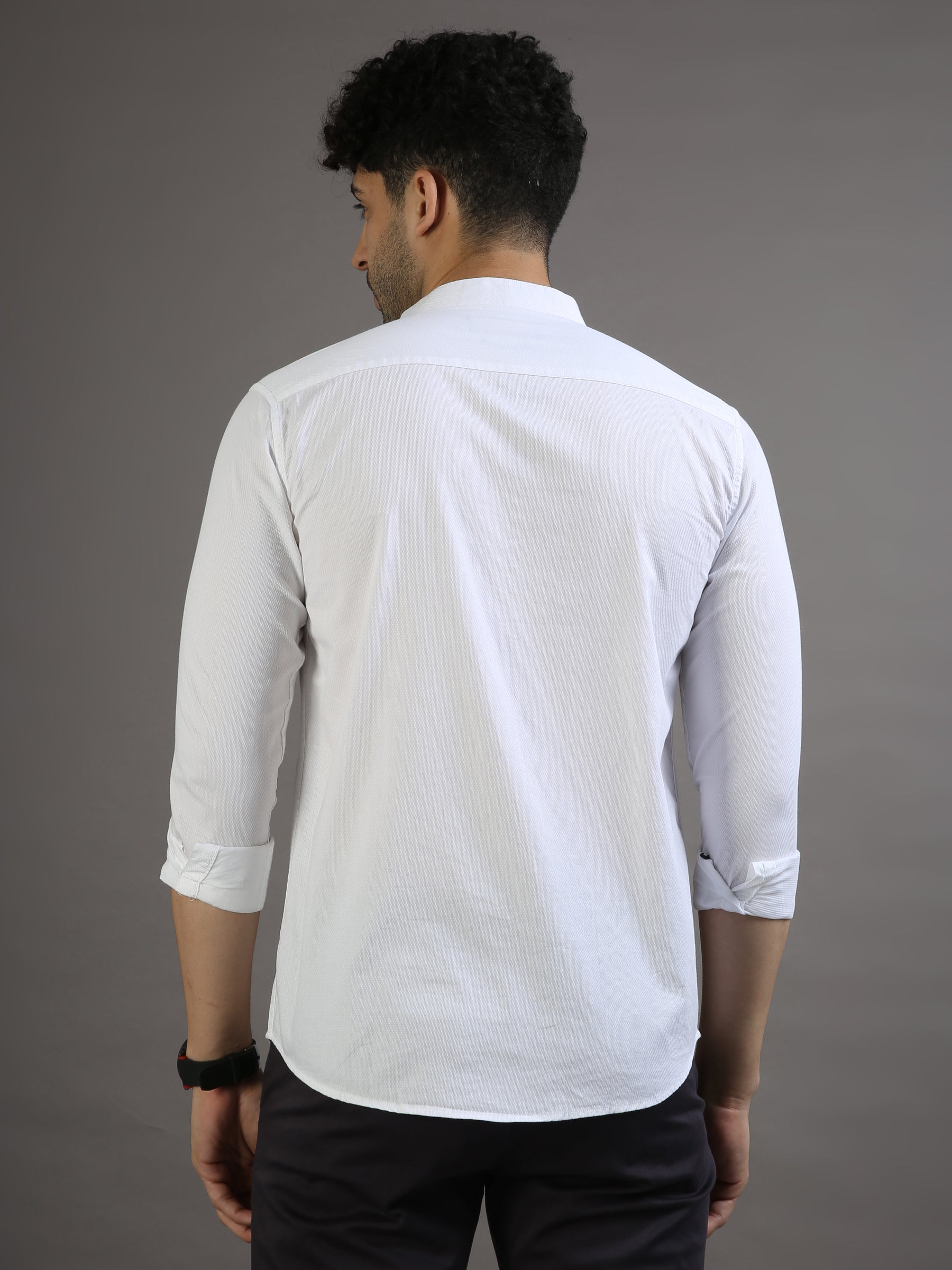 Dobby White Chinese Collar Casual Shirt Solid Shirt Bushirt