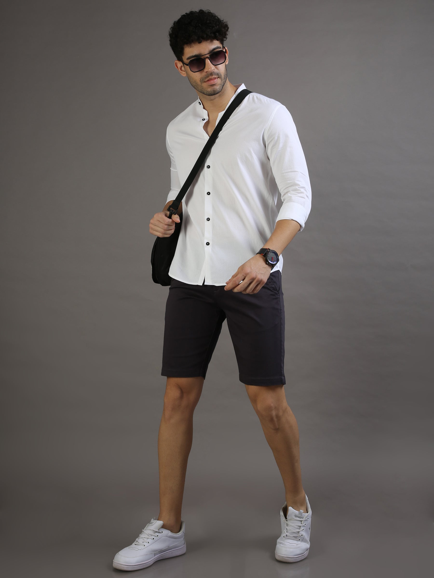 Dobby White Chinese Collar Casual Shirt Solid Shirt Bushirt