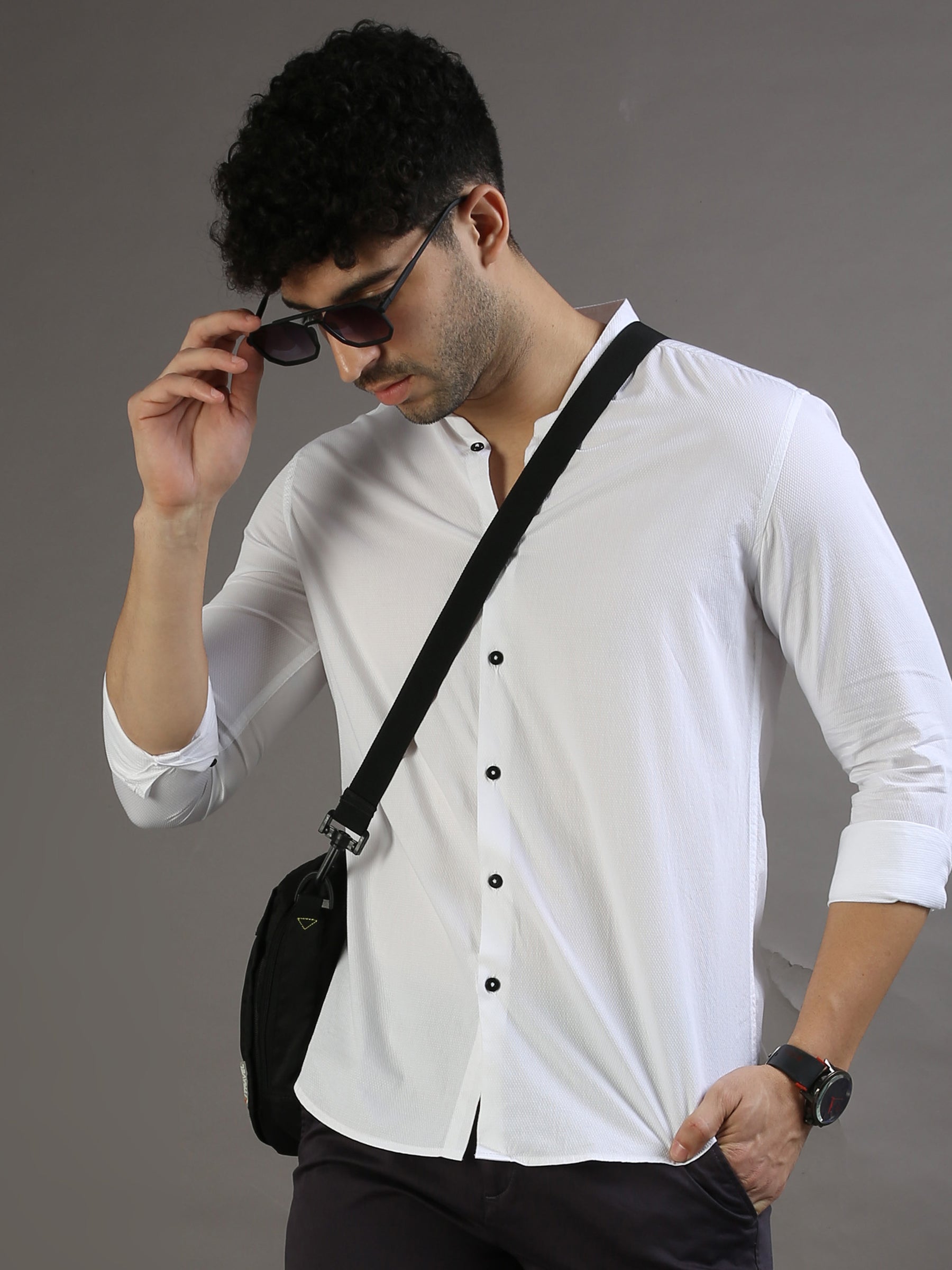 Dobby White Chinese Collar Casual Shirt Solid Shirt Bushirt