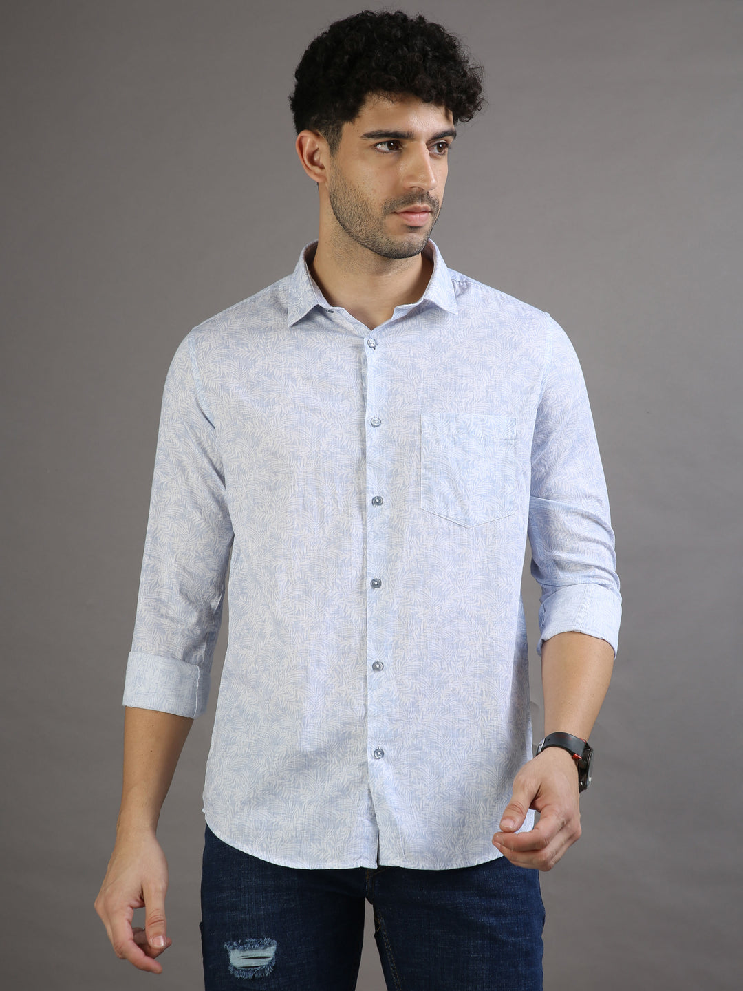 Mini Palm Leaf Lavender Blue Shirt Printed Shirt Bushirt   