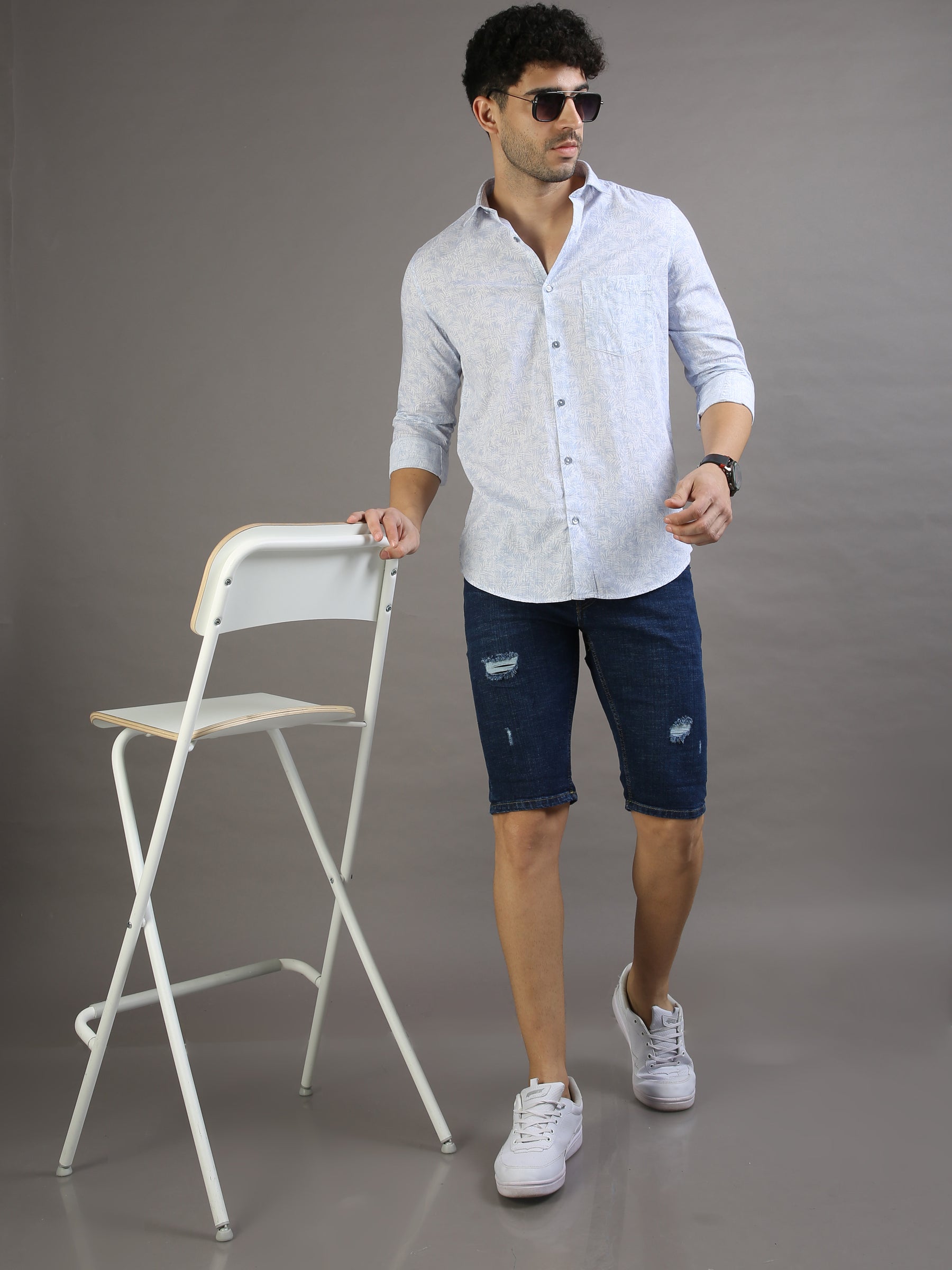 Mini Palm Leaf Lavender Blue Shirt Printed Shirt Bushirt
