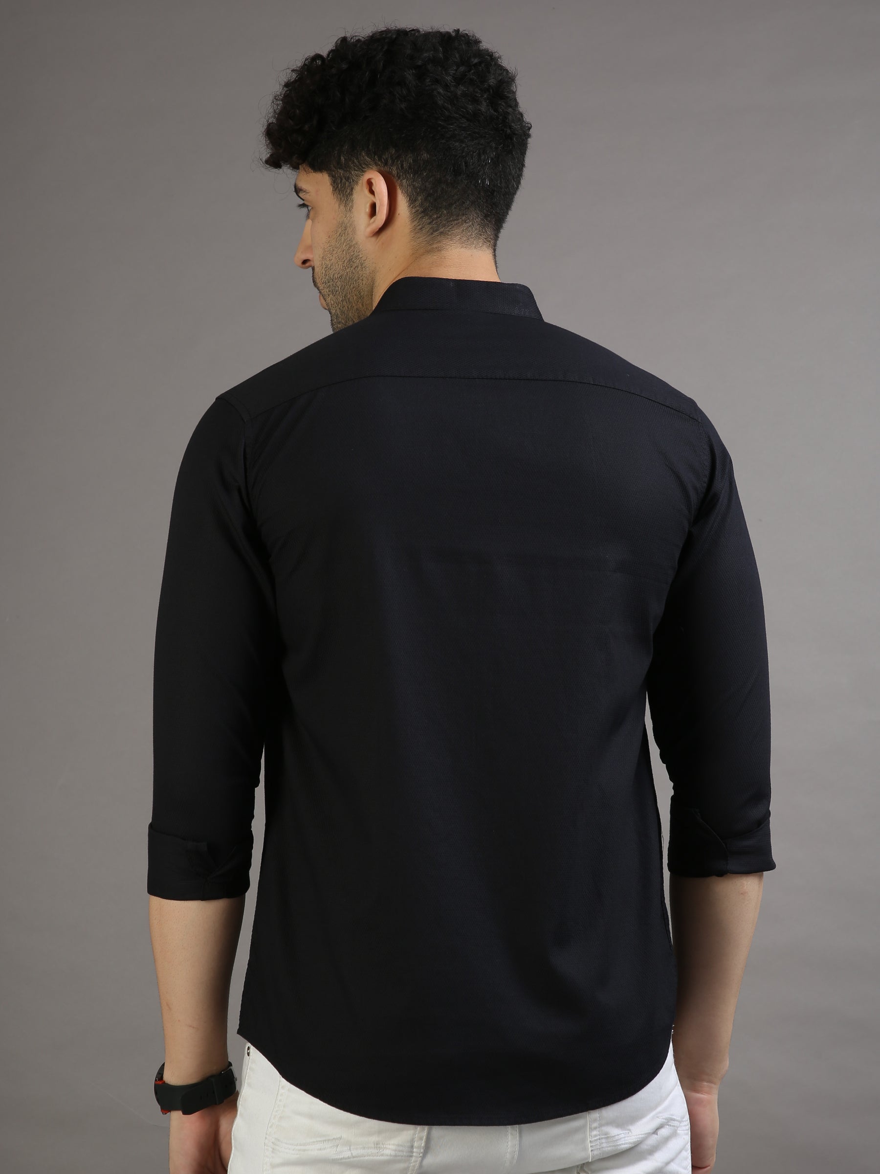 Dobby Black Chinese Collar Casual Shirt Solid Shirt Bushirt