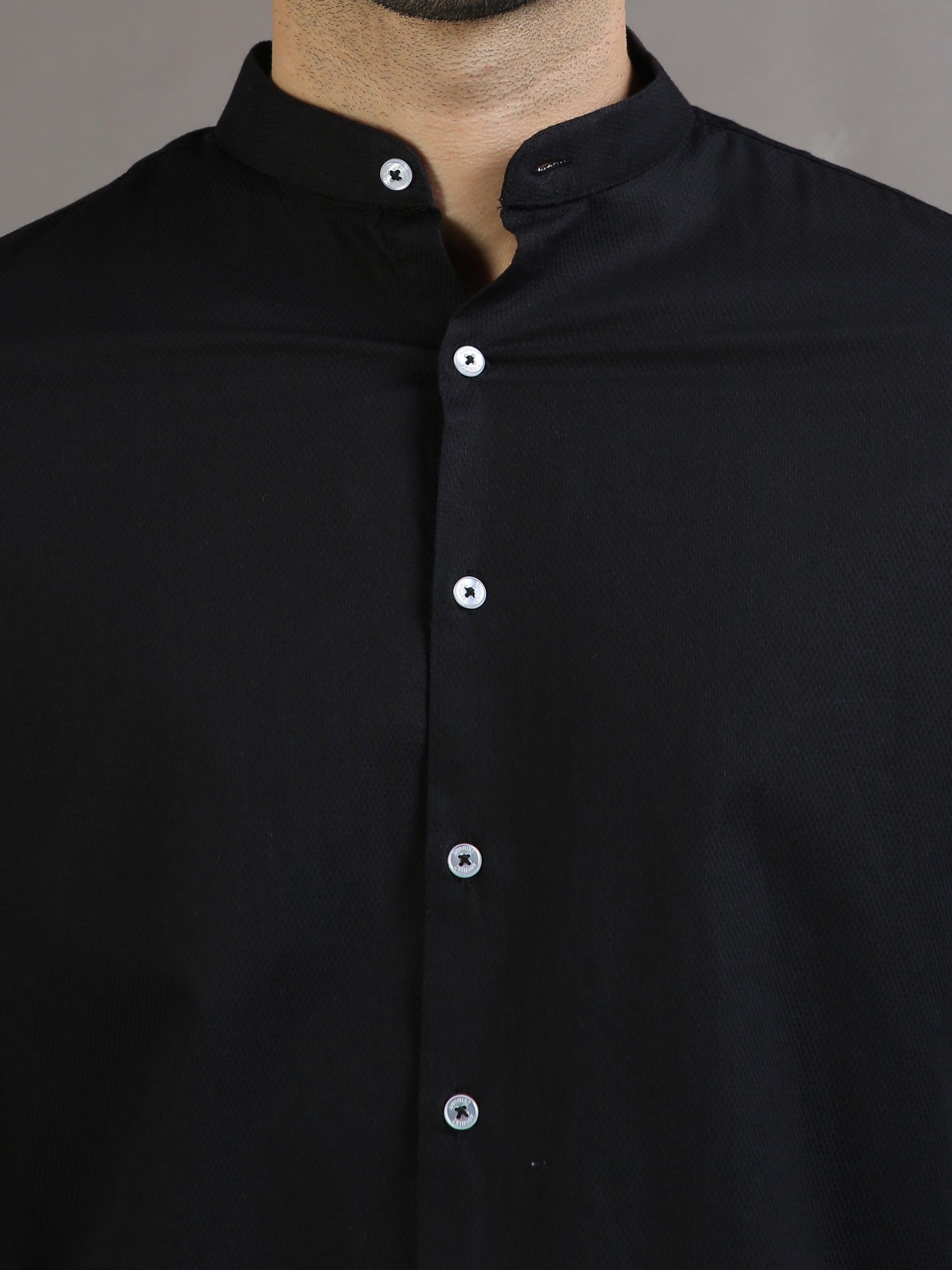 Dobby Black Chinese Collar Casual Shirt Solid Shirt Bushirt