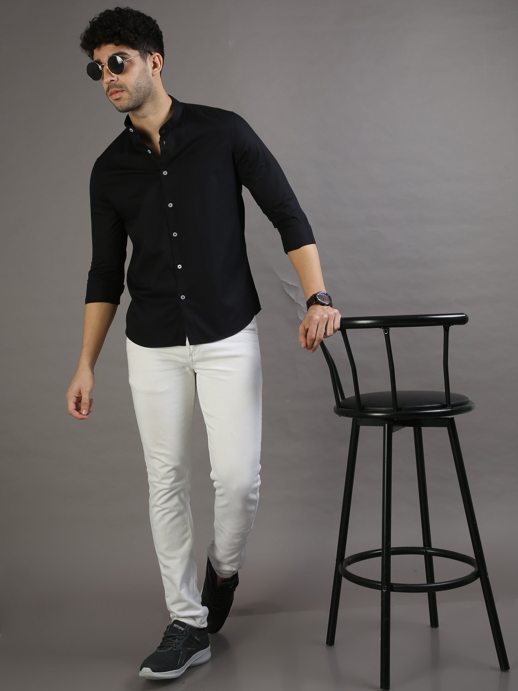 Dobby Black Chinese Collar Casual Shirt Solid Shirt Bushirt