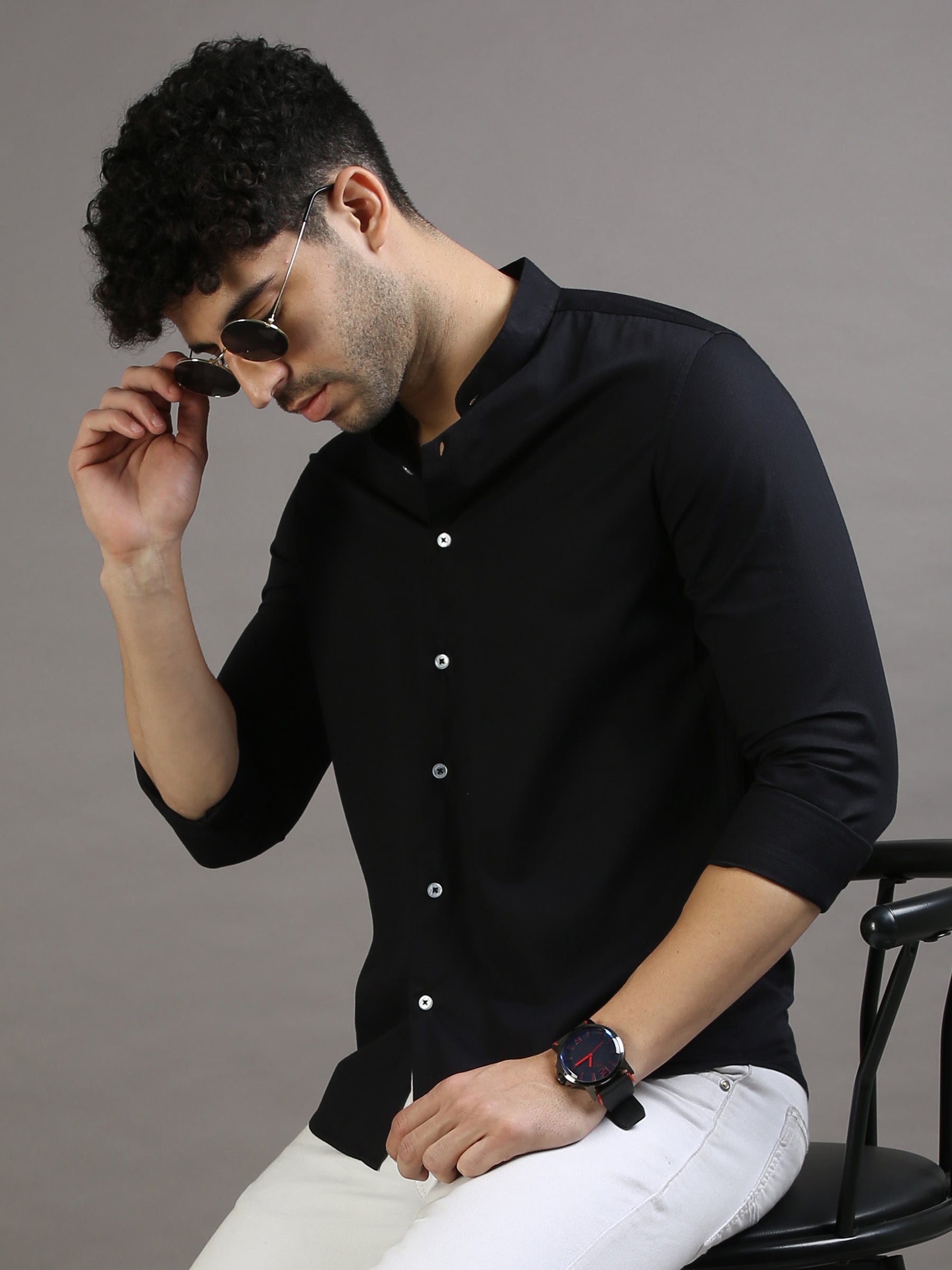 Dobby Black Chinese Collar Casual Shirt Solid Shirt Bushirt