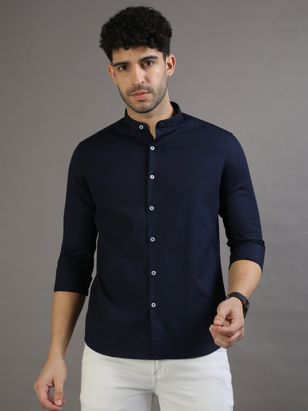 Dobby Navy Blue Chinese Collar Casual Shirt Solid Shirt Bushirt