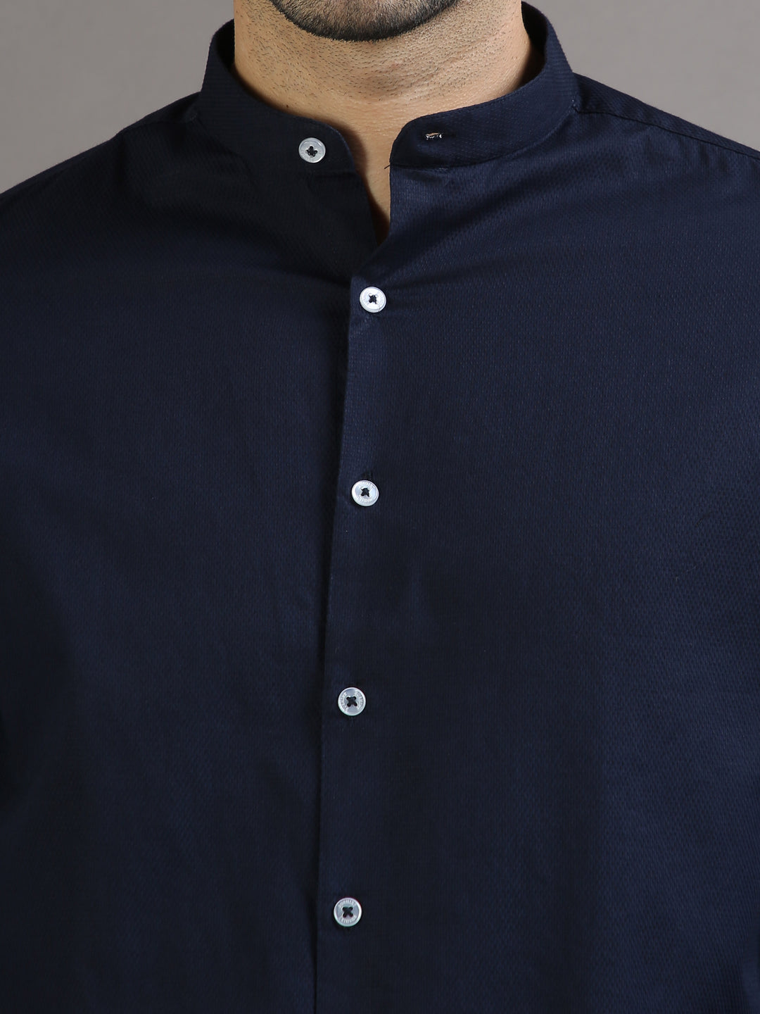 Dobby Navy Blue Chinese Collar Casual Shirt Solid Shirt Bushirt