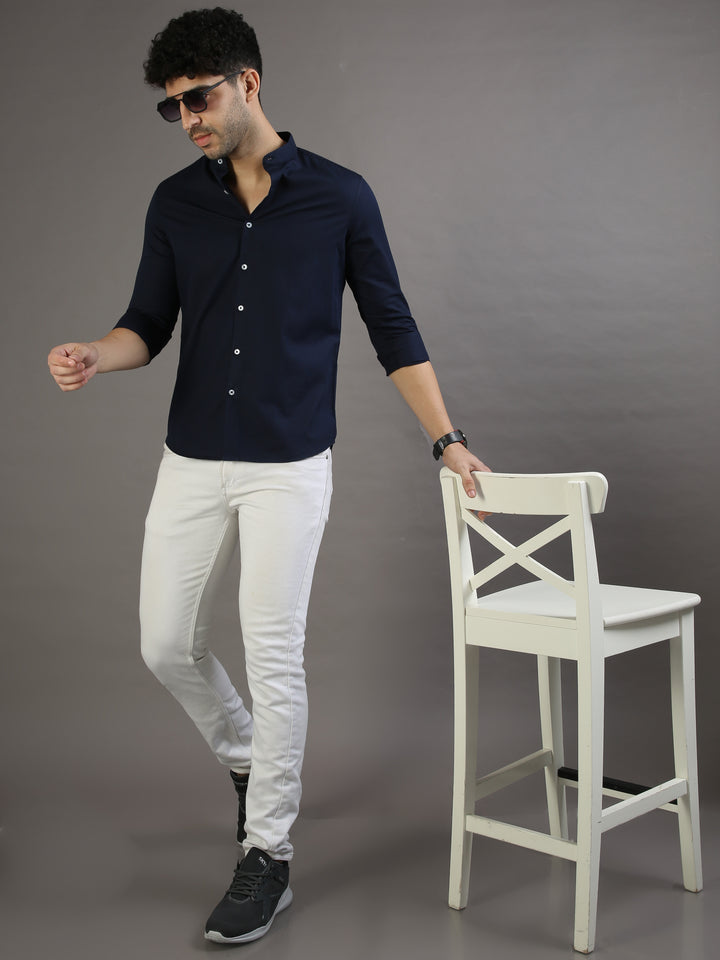 Dobby Navy Blue Chinese Collar Casual Shirt Solid Shirt Bushirt