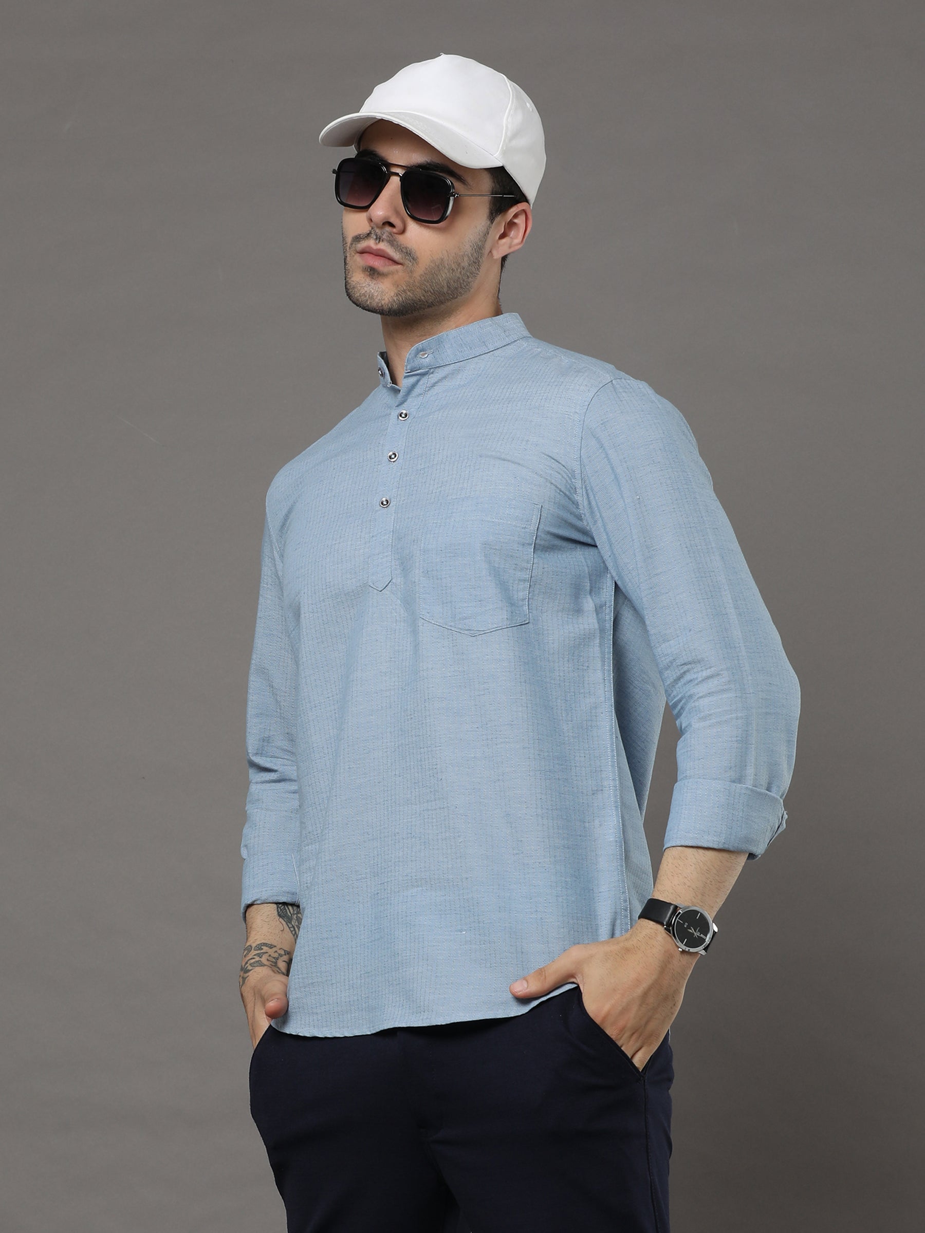 Indo Coral Blue Solid Kurta Kurta Bushirtin
