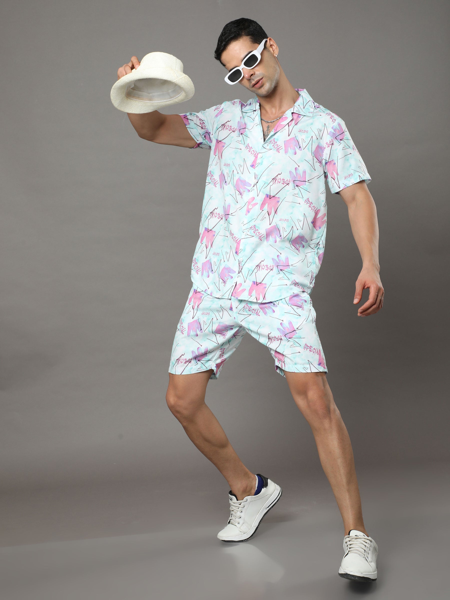 Abstract White Night Suits Co-Ords Bushirt