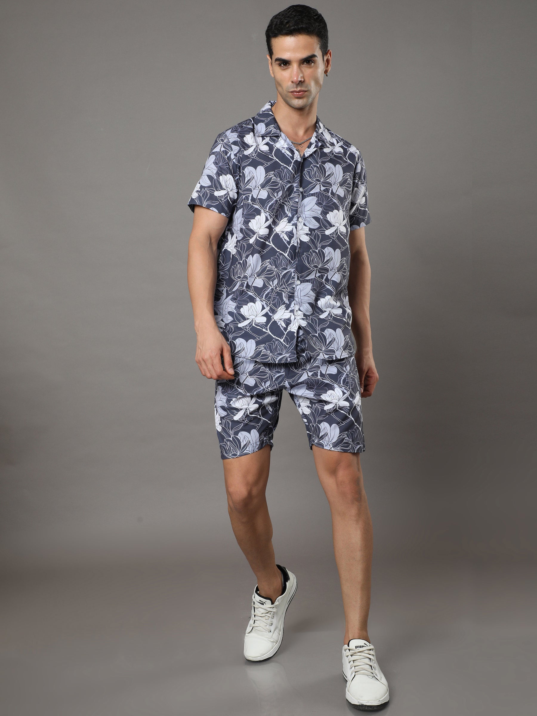 Aqua Flower Steel Blue Night Suits Co-Ords Bushirt