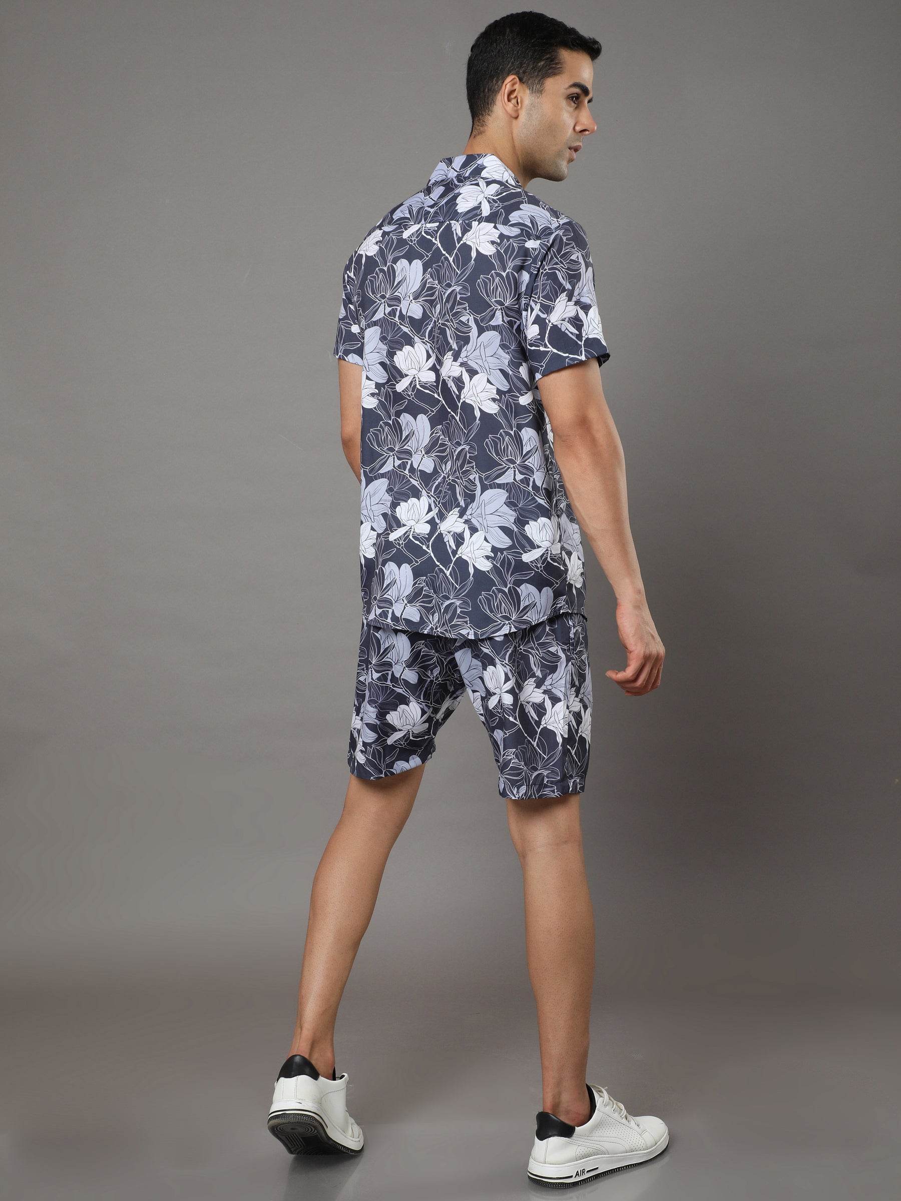 Aqua Flower Steel Blue Night Suits Co-Ords Bushirt