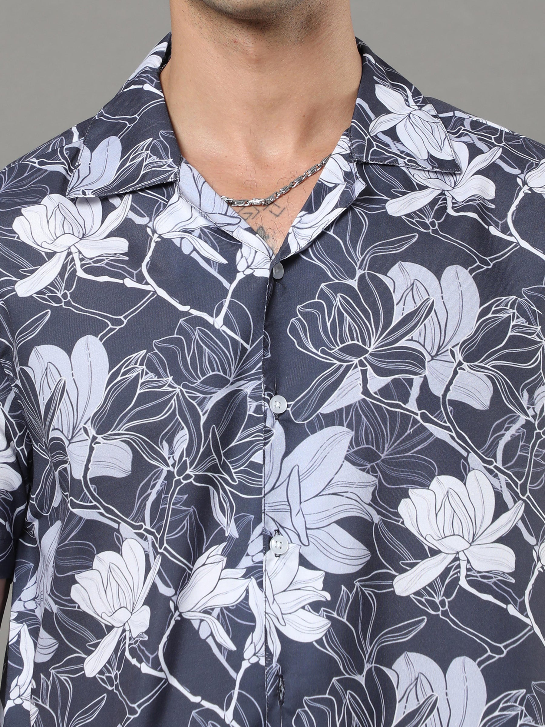 Aqua Flower Steel Blue Night Suits Co-Ords Bushirt