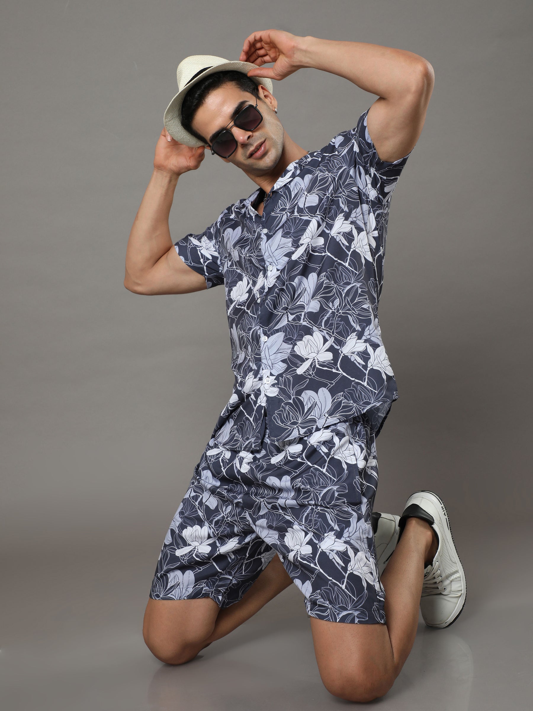 Aqua Flower Steel Blue Night Suits Co-Ords Bushirt