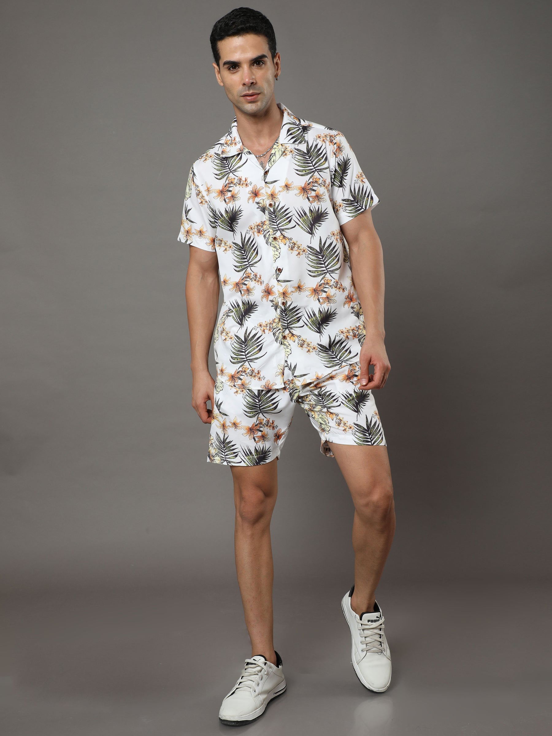 Tropical Leaf Cream Night Suits Co-Ords Bushirt