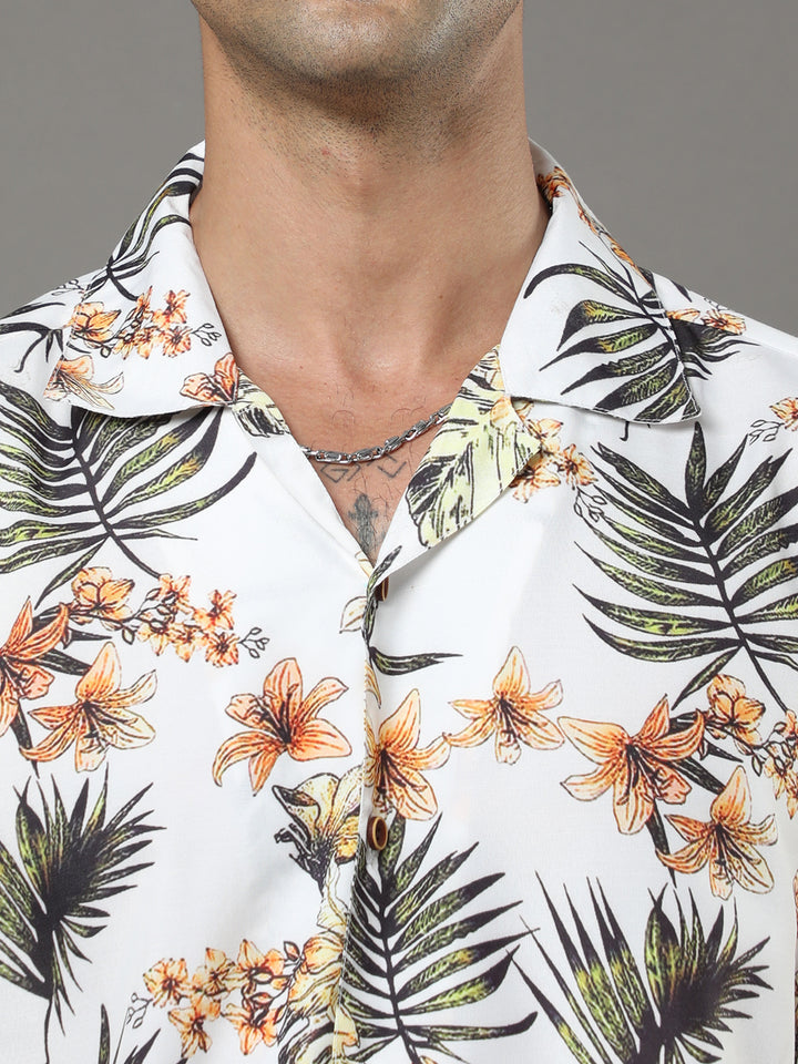 Tropical Leaf Cream Night Suits Regular Size Co-Ords Bushirt