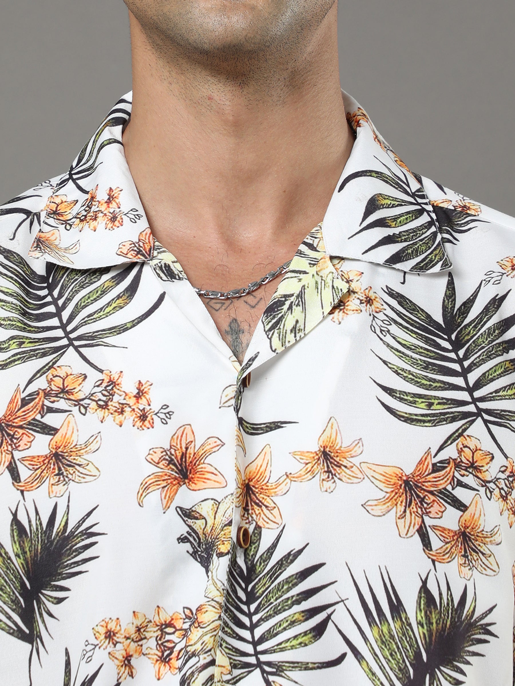 Tropical Leaf Cream Night Suits Co-Ords Bushirt