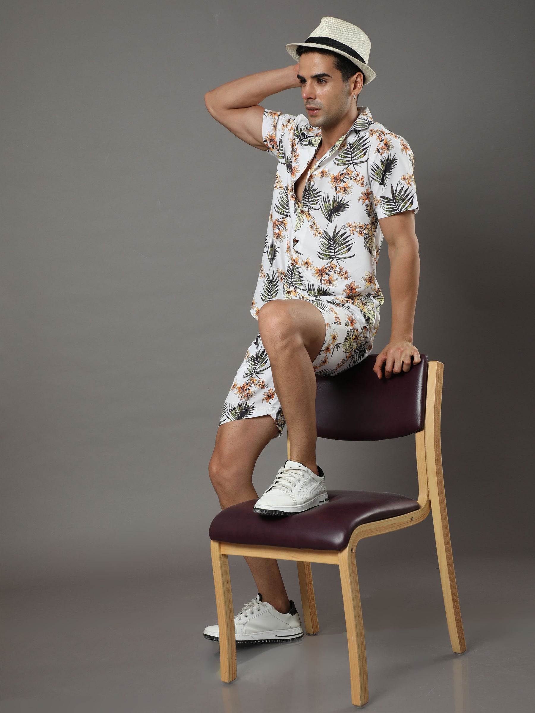 Tropical Leaf Cream Night Suits Co-Ords Bushirt