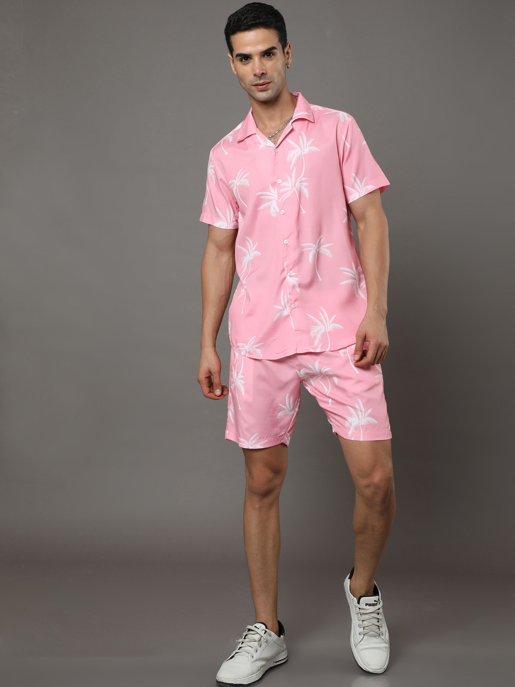 Palm Tree Pink Night Suits Co-Ords Bushirt