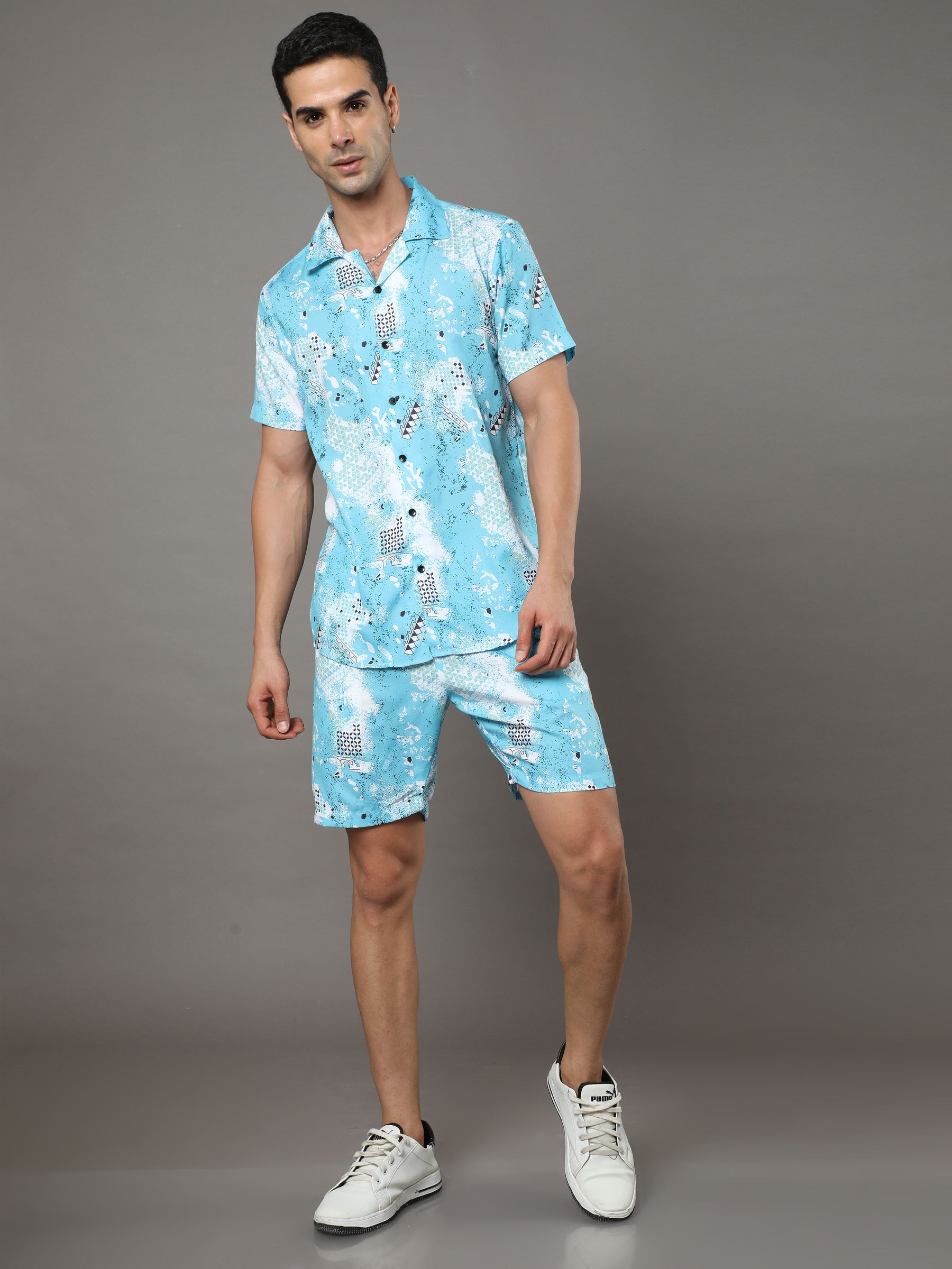 Light Blue Printed Night Suits Co-Ords Bushirt