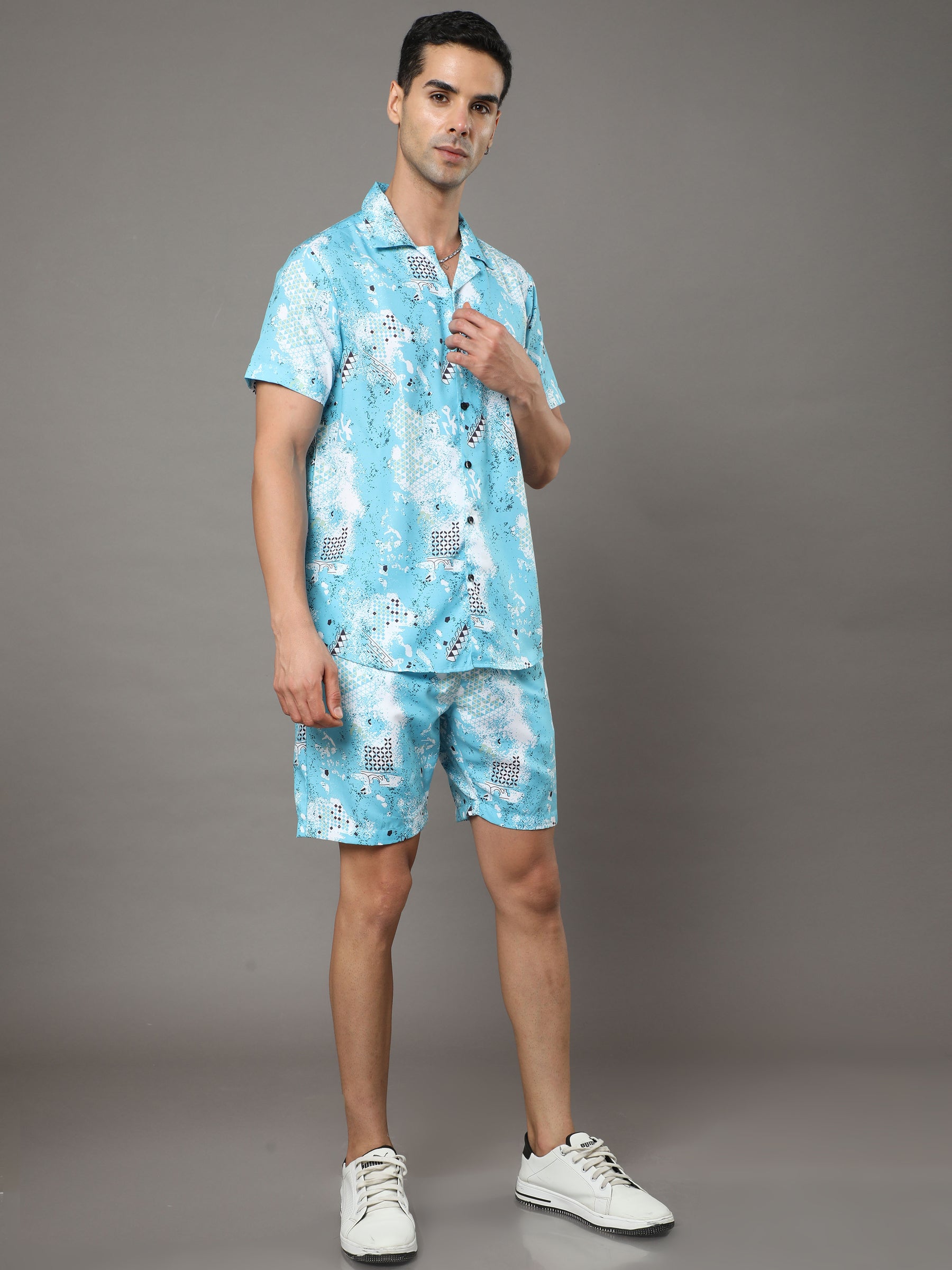 Light Blue Printed Night Suits Co-Ords Bushirt