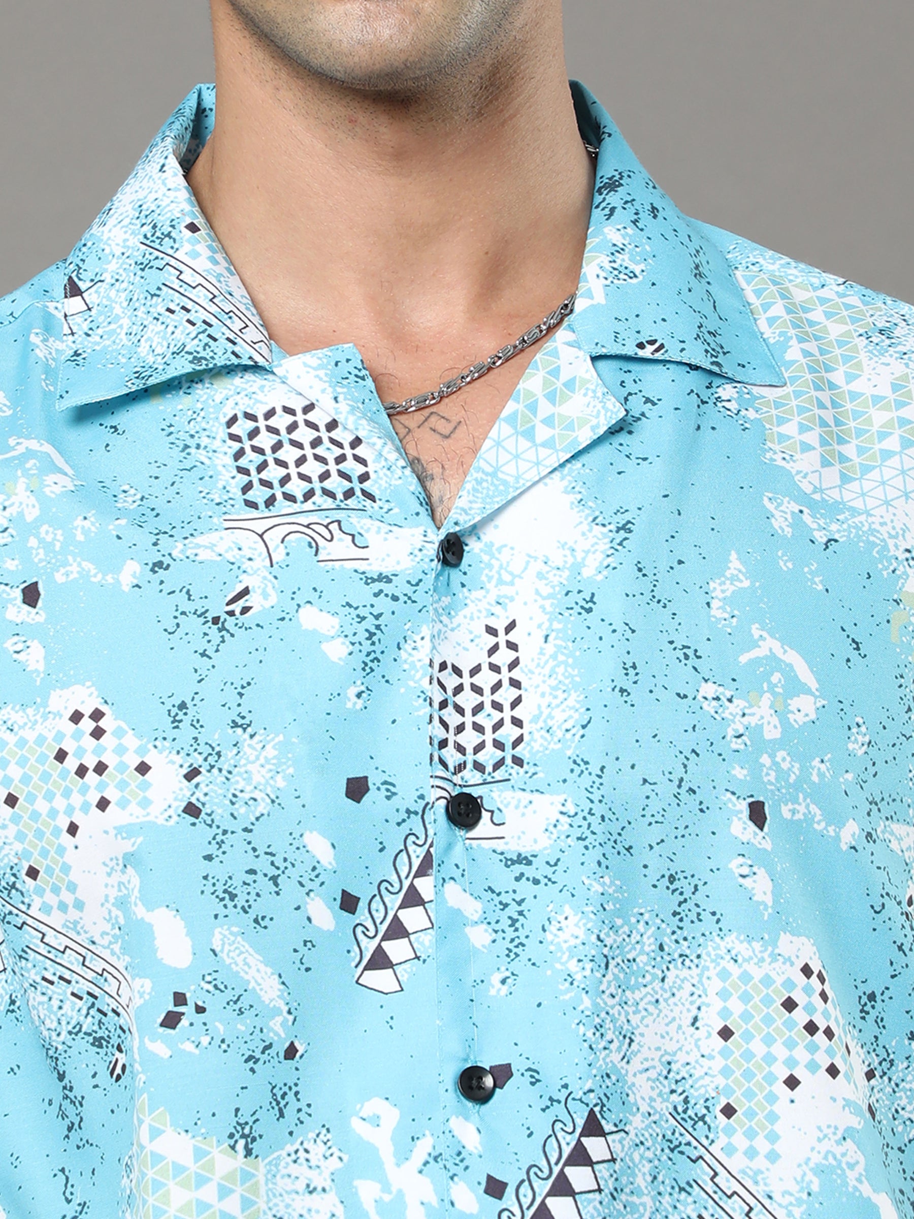 Light Blue Printed Night Suits Co-Ords Bushirt