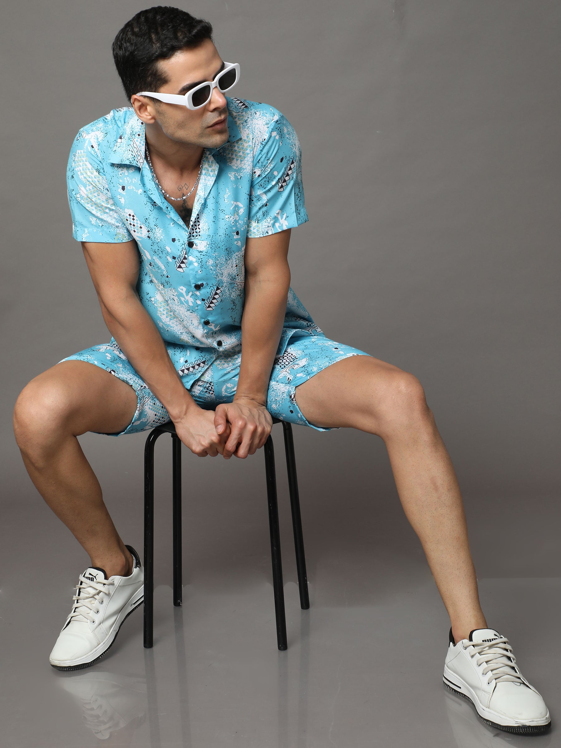 Light Blue Printed Night Suits Co-Ords Bushirt