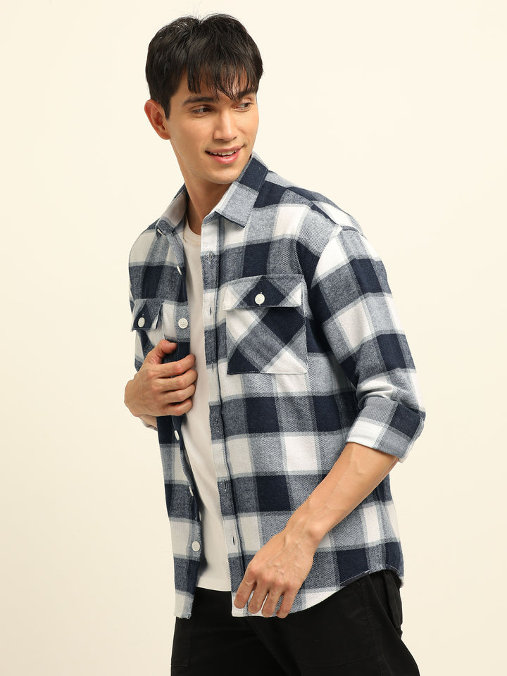 Navy Blue Oversize Checks Shackets Shackets Bushirt