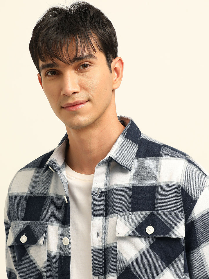 Navy Blue Oversize Checks Shackets Shackets Bushirt