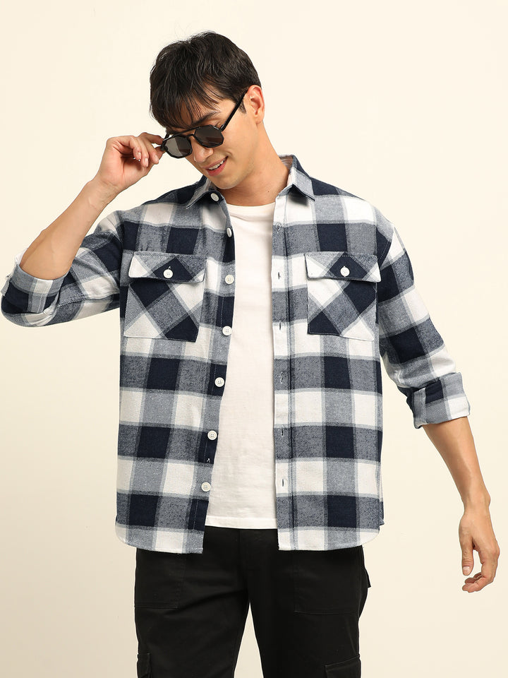 Navy Blue Oversize Checks Shackets Shackets Bushirt