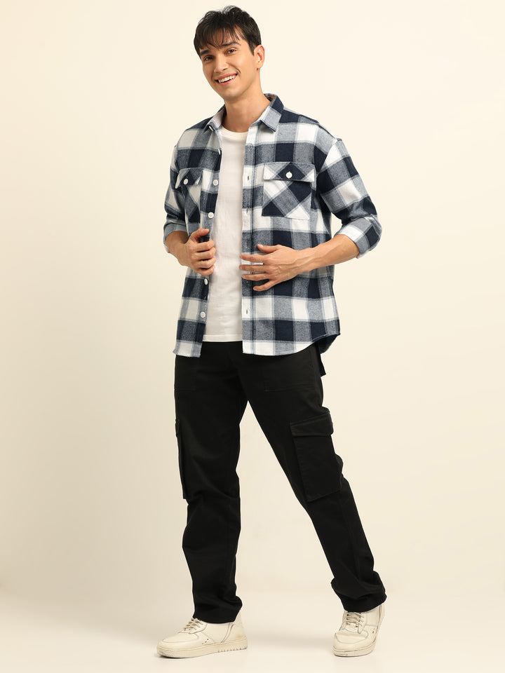 Navy Blue Oversize Checks Shackets Shackets Bushirt