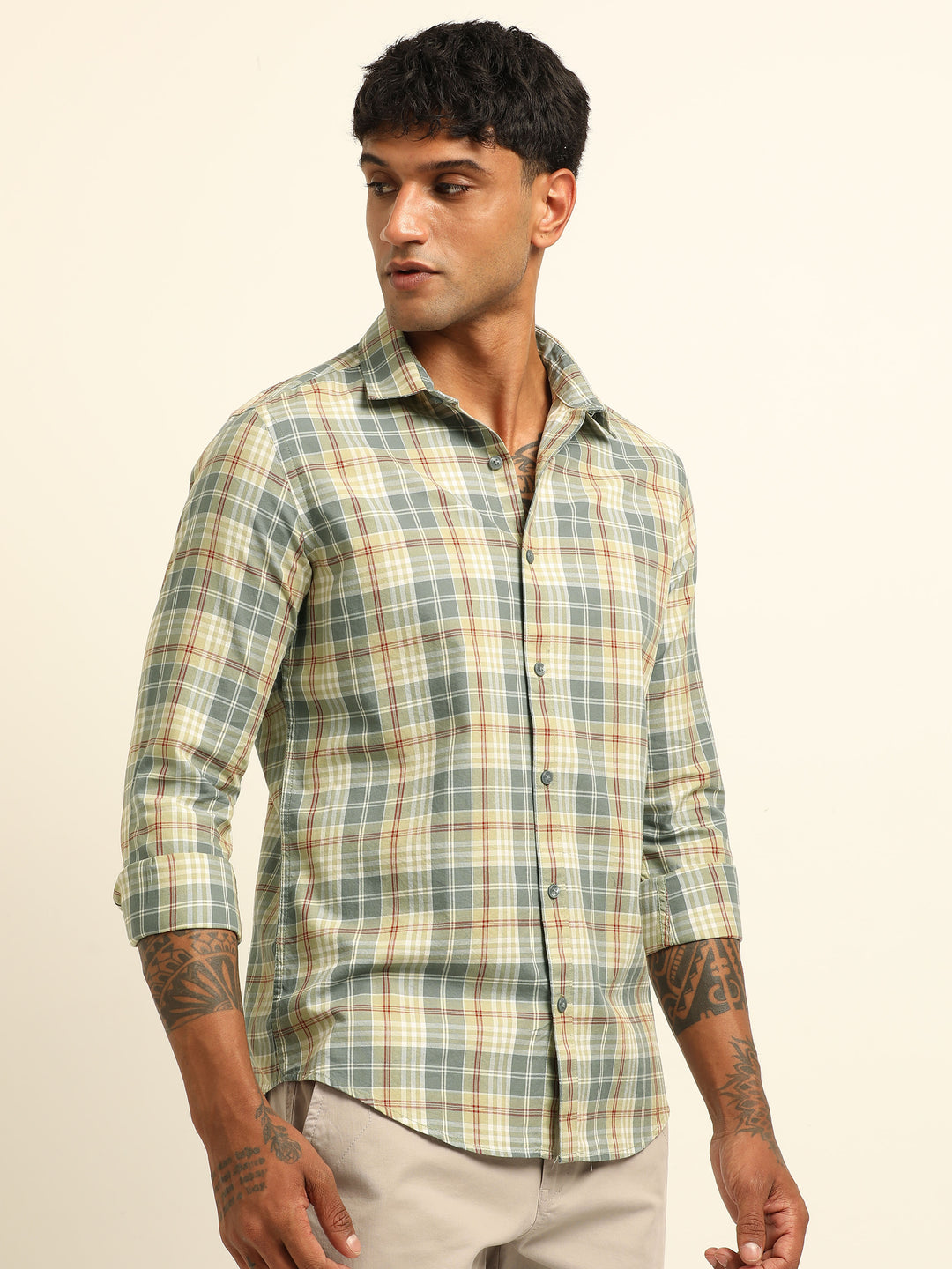 Pastel Grey Checks Regular Fit Shirt Checks Shirt Bushirt