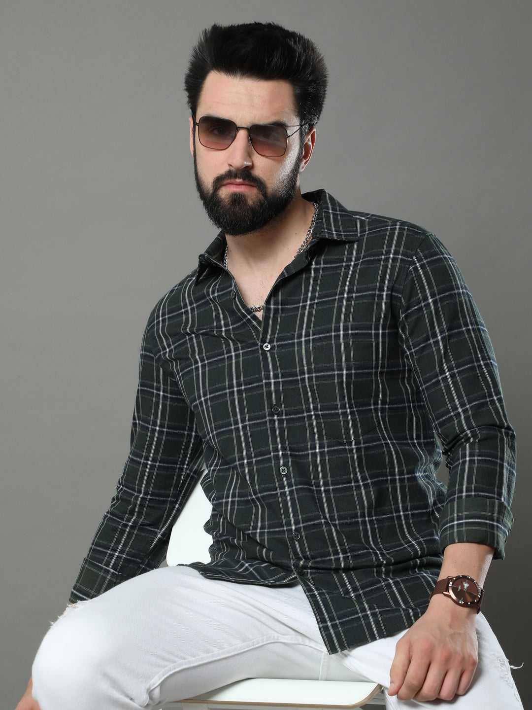 Quadrey Dark Green Checks Shirt Checks Shirt Bushirt