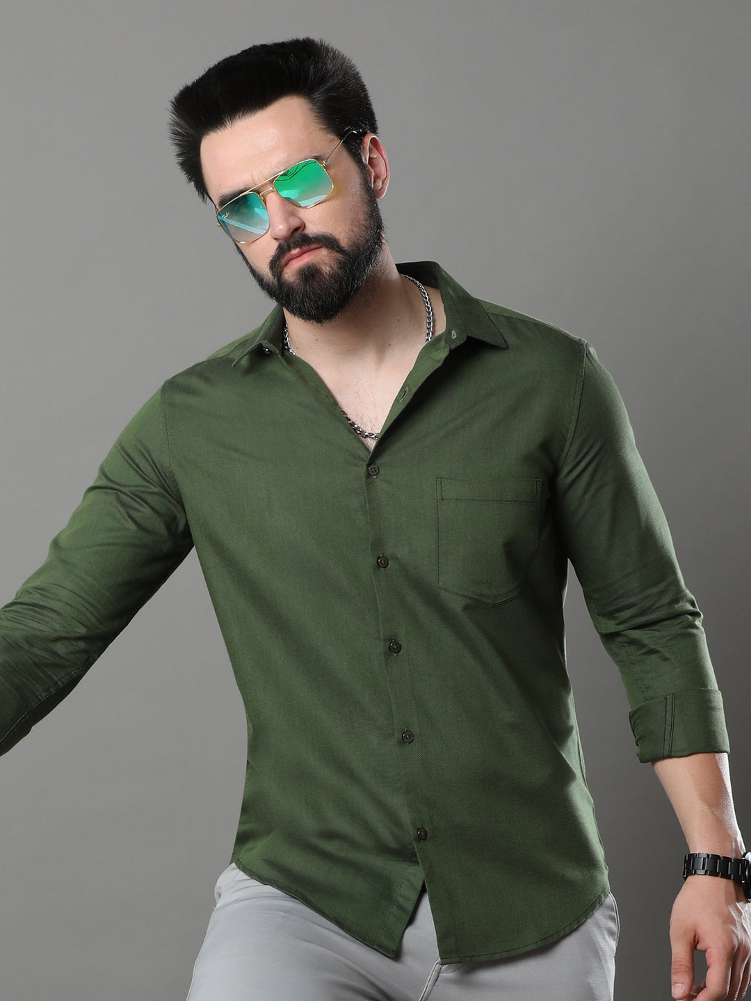 Olive Green Solid Shirt Solid Shirt Bushirt   