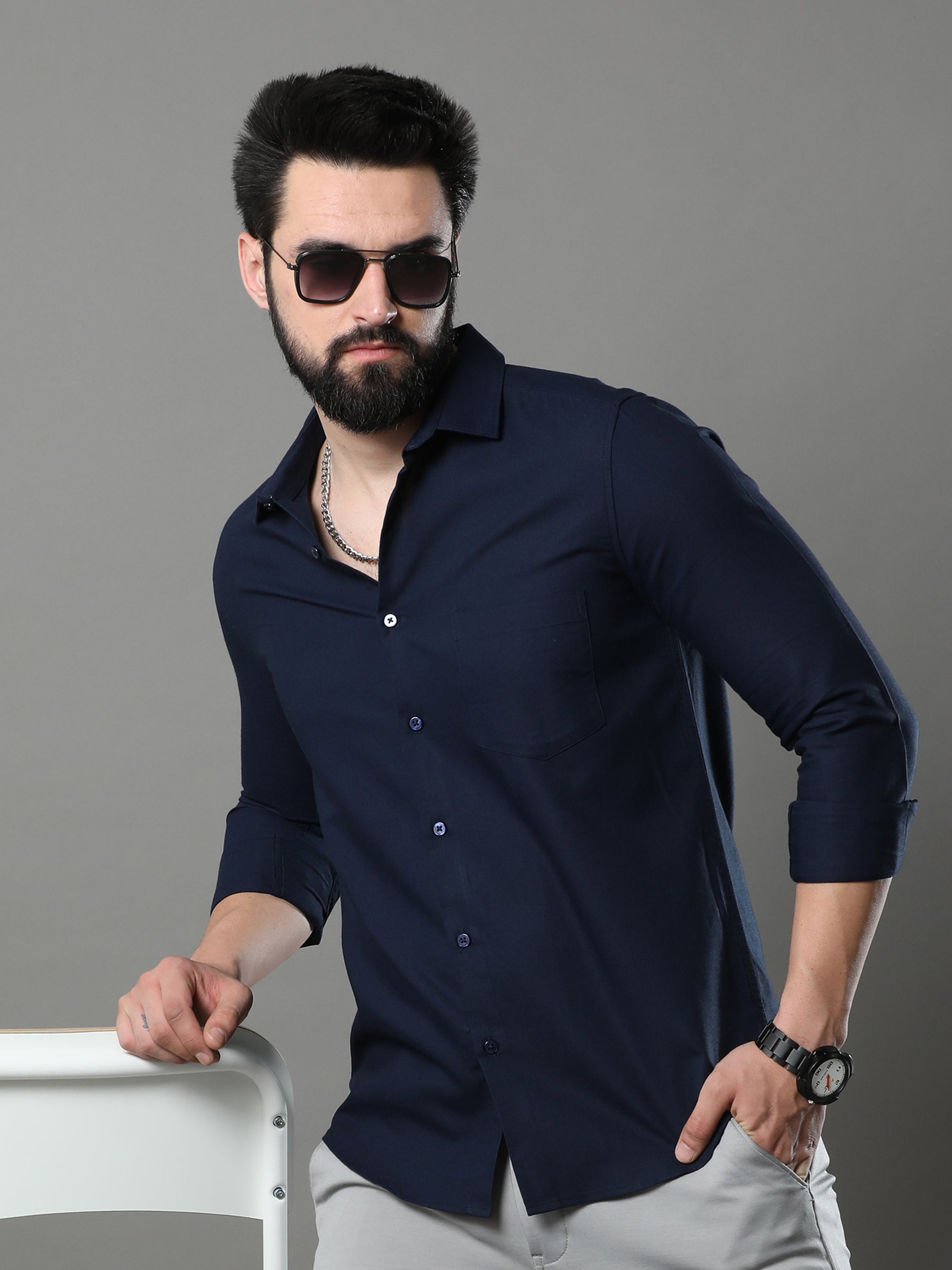 Navy Blue Solid Shirt Solid Shirt Bushirt
