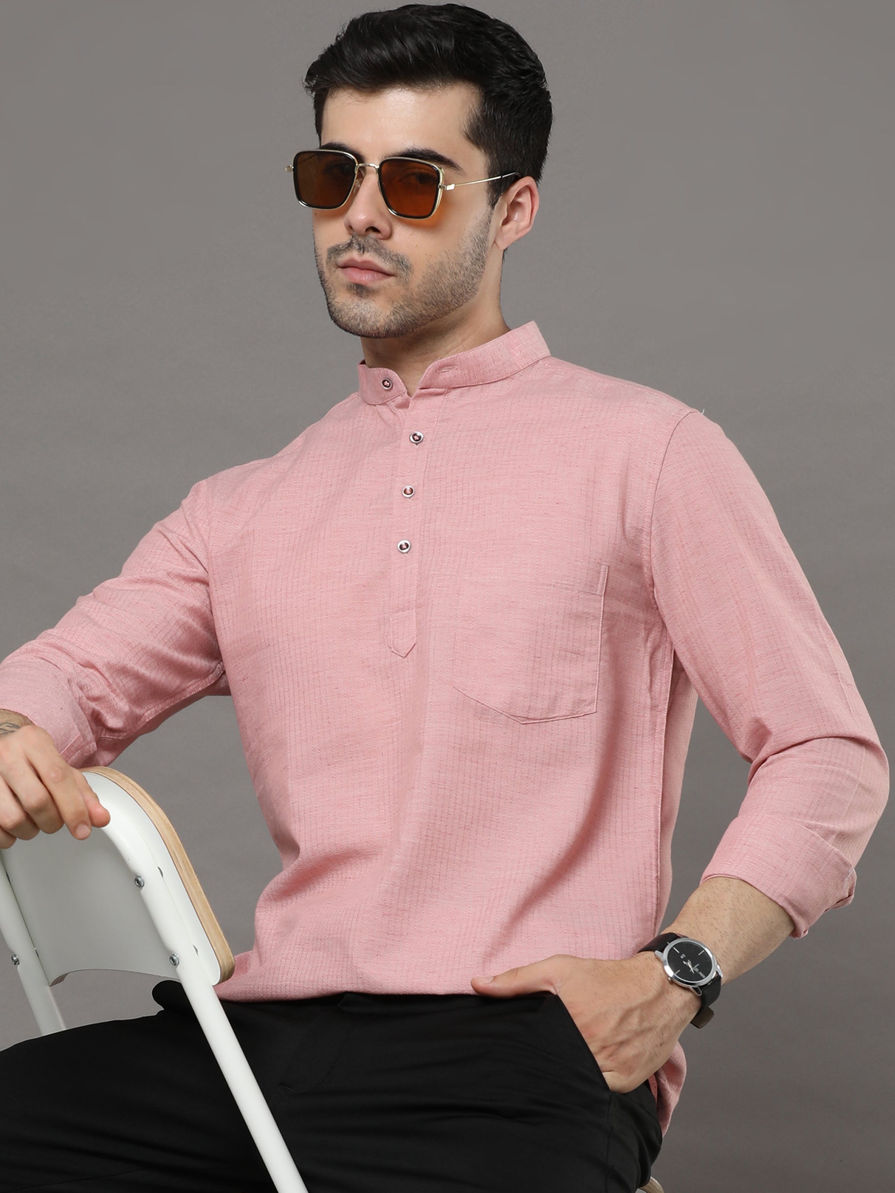 Indo Pastel Pink Solid Kurta Kurta Bushirtin