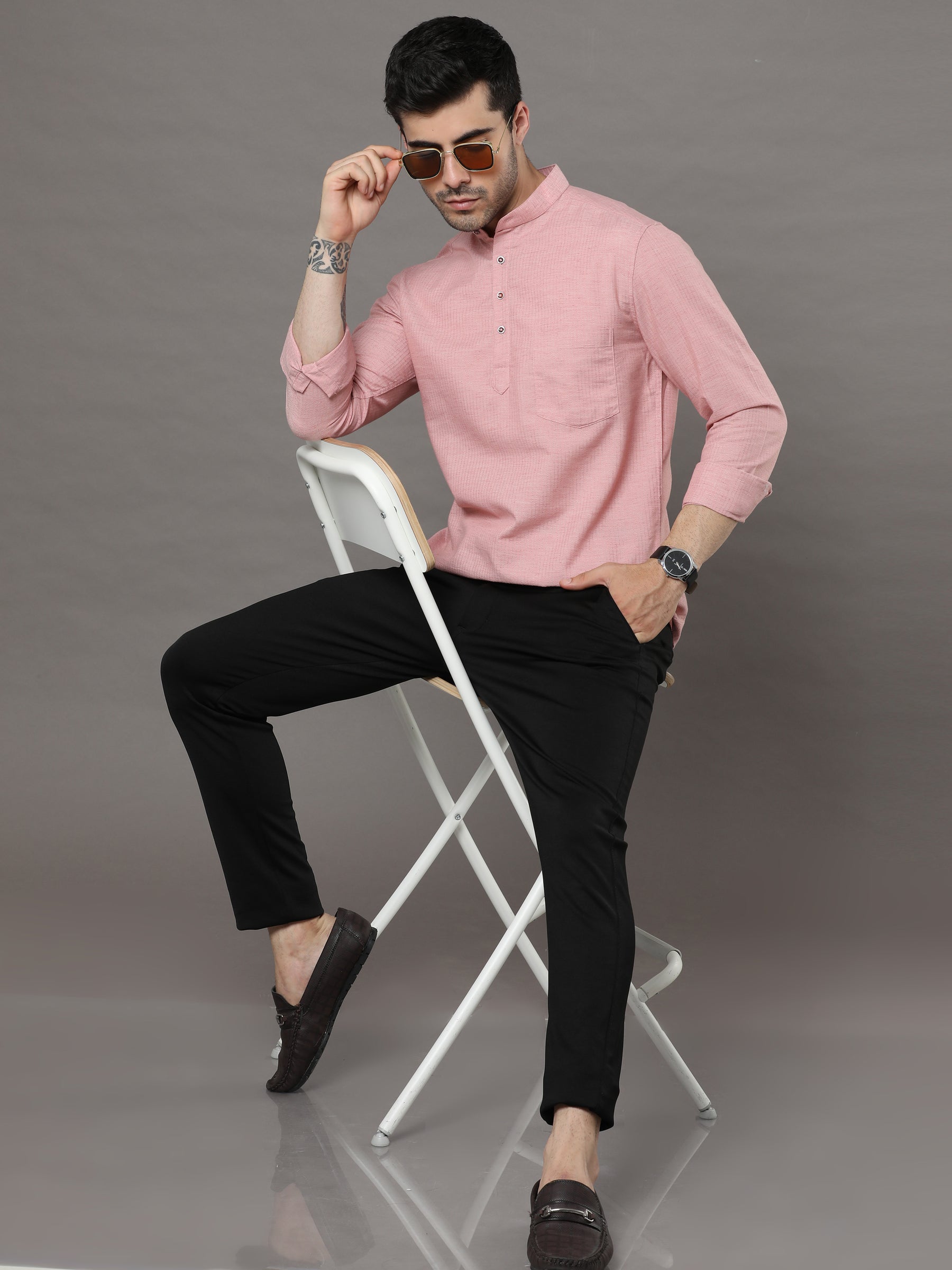 Indo Pastel Pink Solid Kurta Kurta Bushirtin
