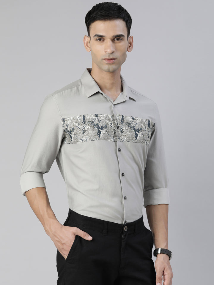 Fascia Cloud Grey Panel Printed Shirt Panel Printed Shirt Bushirt   