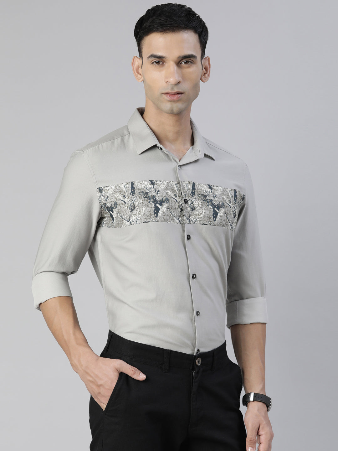 Fascia Cloud Grey Panel Printed Shirt Panel Printed Shirt Bushirt